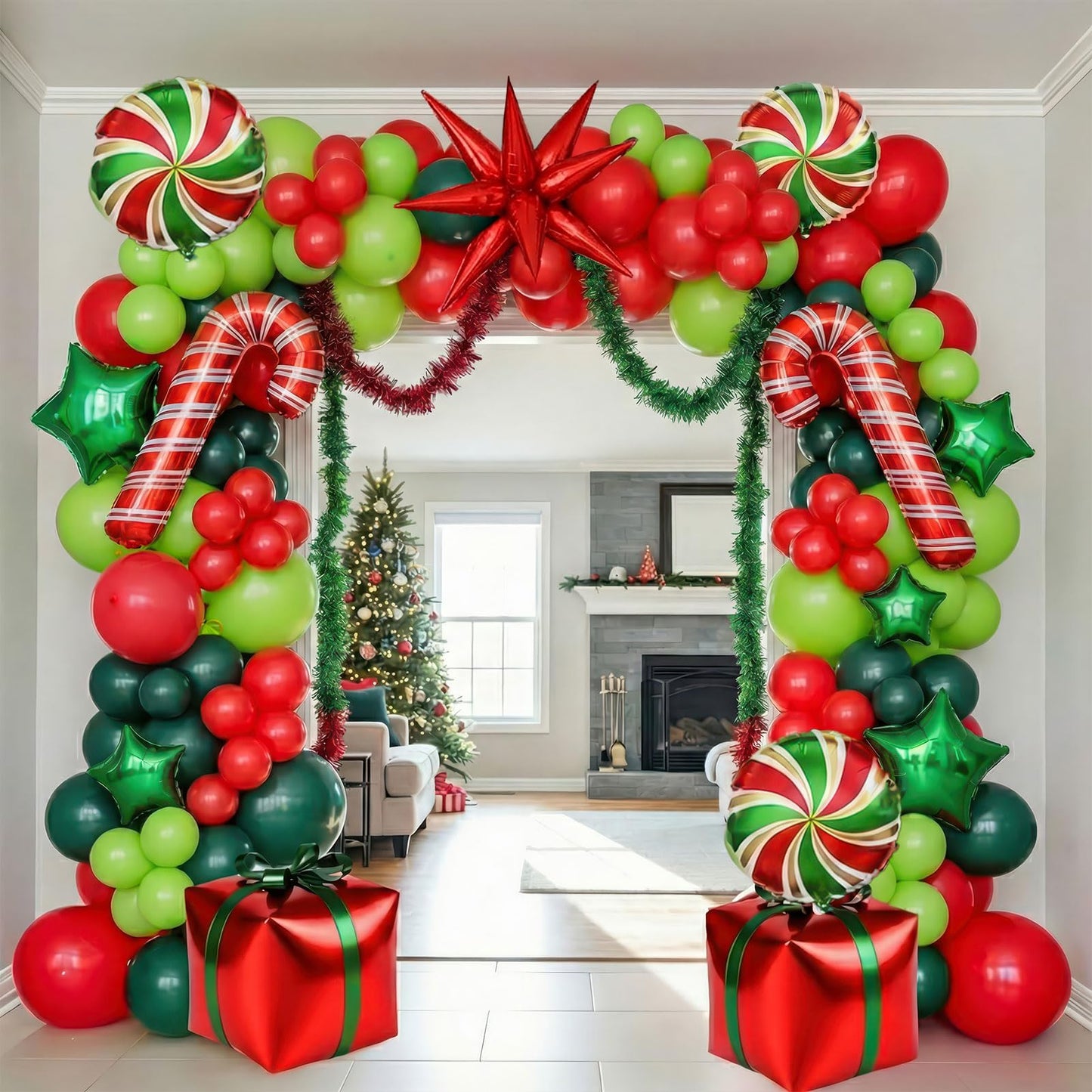 Christmas Balloon Garland Arch Kit with backdrop Xmas Red Green Balloons Candy Cane Santa Claus Star Foil Balloons for Christmas New Year Birthday Party Decorations