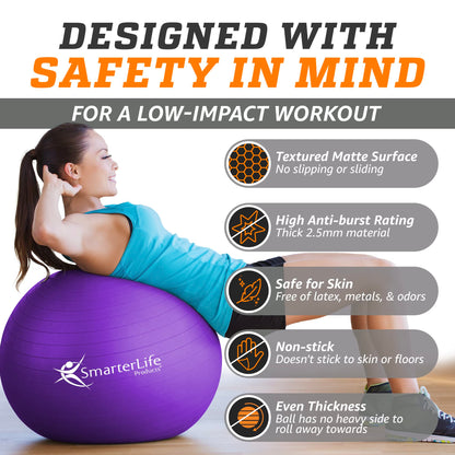 SmarterLife Exercise Ball Yoga Ball for Fitness, Balance, Stability, or Pregnancy, Gym Ball for Core Workout, Physical Therapy, Yoga Ball Chair for Office, Anti-Slip Anti-Burst