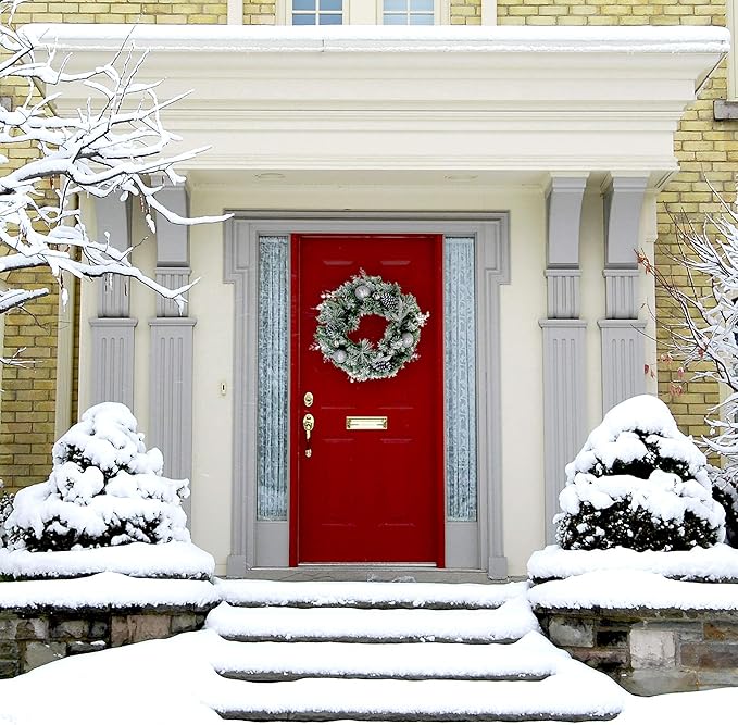 Fraser Hill Farm 24" Christmas Frosted Wreath Door Hanging with Ornaments, Pinecones, and Berries, Artificial Holiday Hanging Decoration for Door, Wall, Mantel