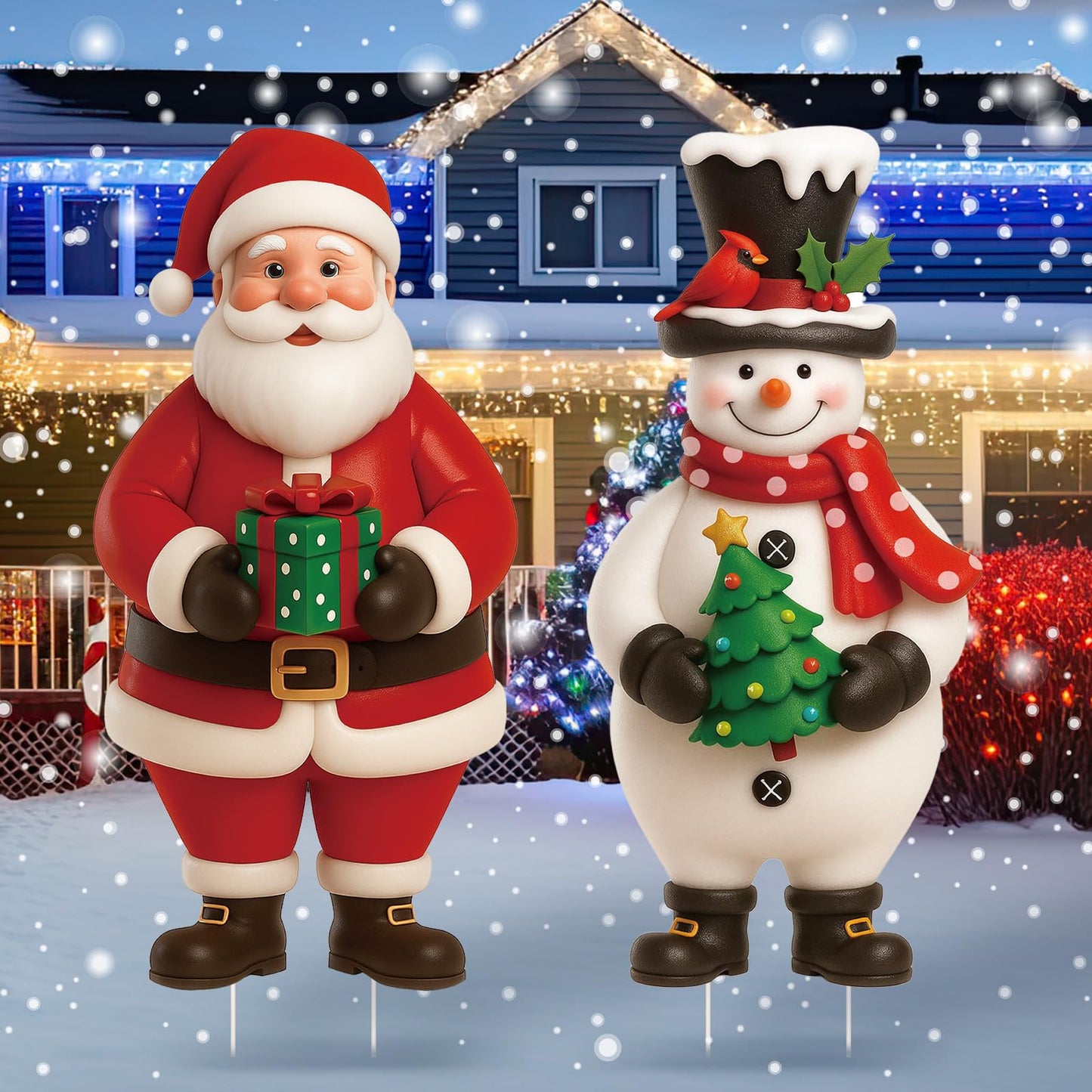 Nuanchu 2 Pcs Metal Christmas Yard Signs Decorative Santa Claus Snowman Yard Sign Stake 27.6 Inches Waterproof Xmas Garden Signs Christmas Outdoor Decorations for Outside Xmas Garden Holiday Party