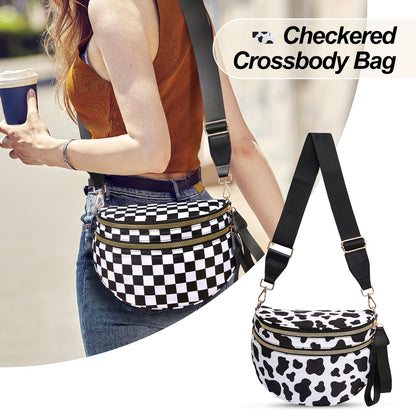 Checkered Crossbody Bag,Nylon Bum Bags for Women Crossbody,Spacious Sling Bag Purse Fanny Packs with Shoulder Strap