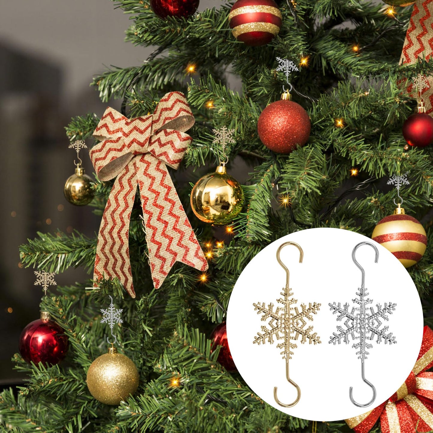 INCREWAY 60 Pcs Christmas Ornament Hooks Sliver Gold Snowflake Decorative Ornament Hangers for Xmas Christmas Tree for Small Ornaments