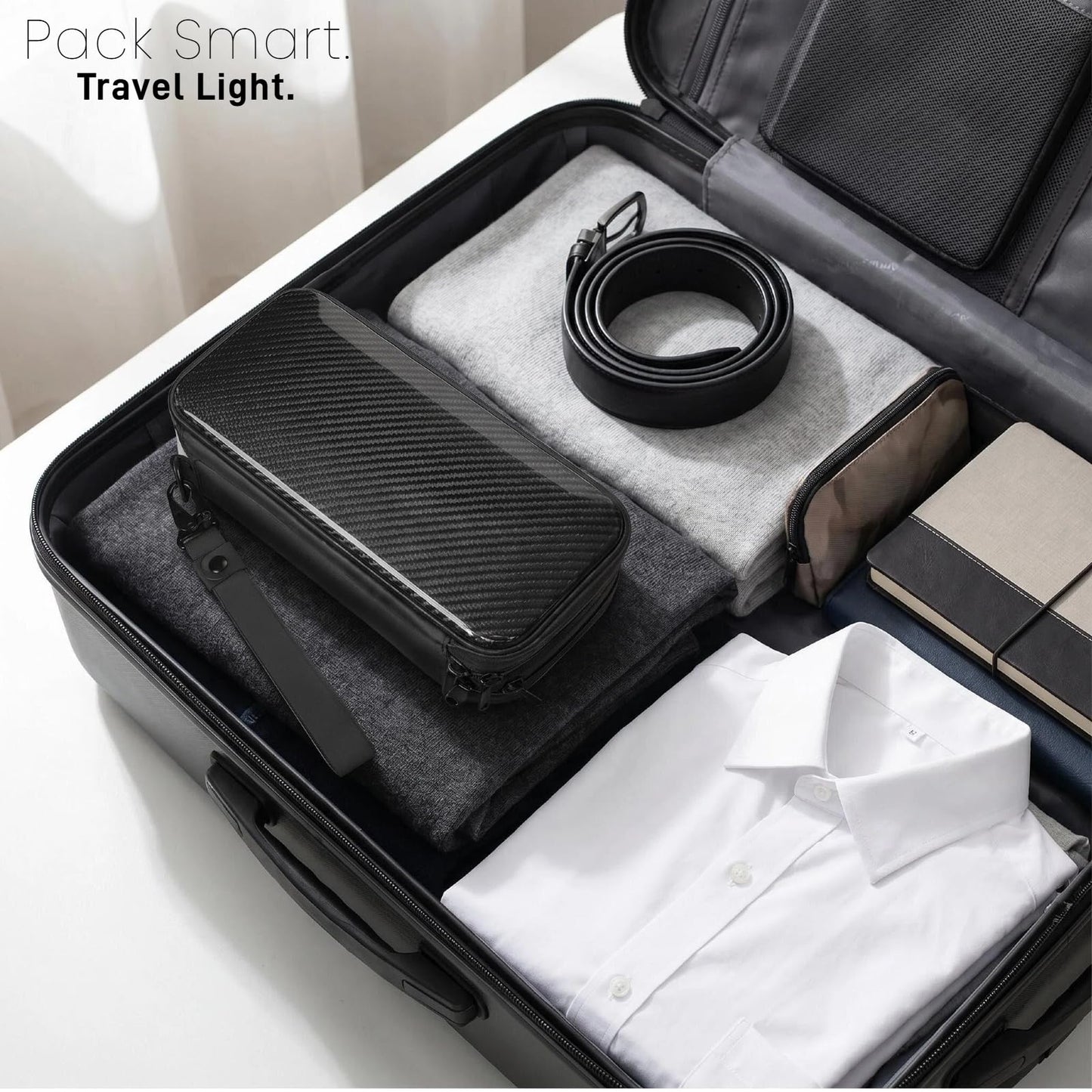 T-carbon Carbon Fiber Lightweight Men's Travel Toiletry Bag, Waterproof Protective Hard Shell Hanging Dopp Kit with Dual Pockets, Shaving Grooming Organizer, Compact Travel Essentials, Black