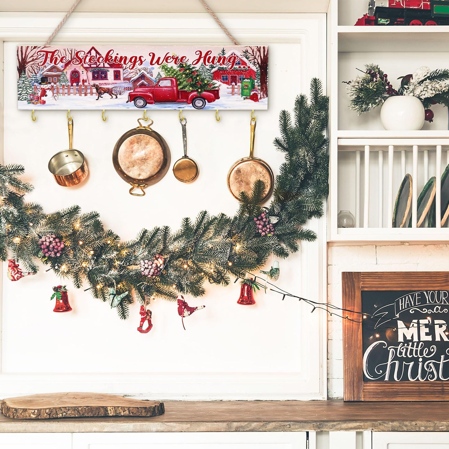 Maitys Christmas Stocking Holder with 7 Hangers - Wooden Organizer Sign 'The Stockings were Hung' - Xmas Mantel Snowmen Wall Mount Hanging Hook for Mantel (Truck)