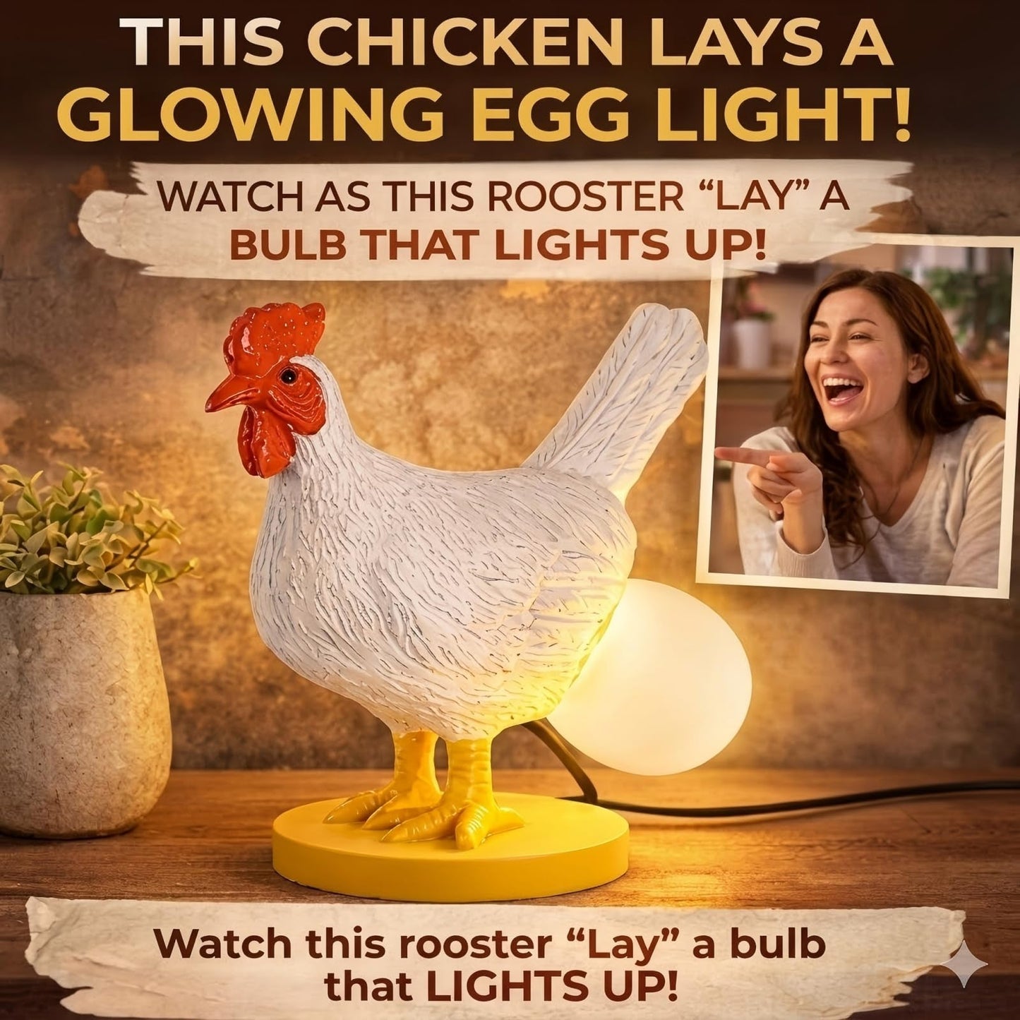 AMPlug in Funny Chicken Night Light Lamp – Rooster Laying Egg Light, Farmhouse Table Decor, Unique Gift for Chicken Lovers (Includes Bulb)