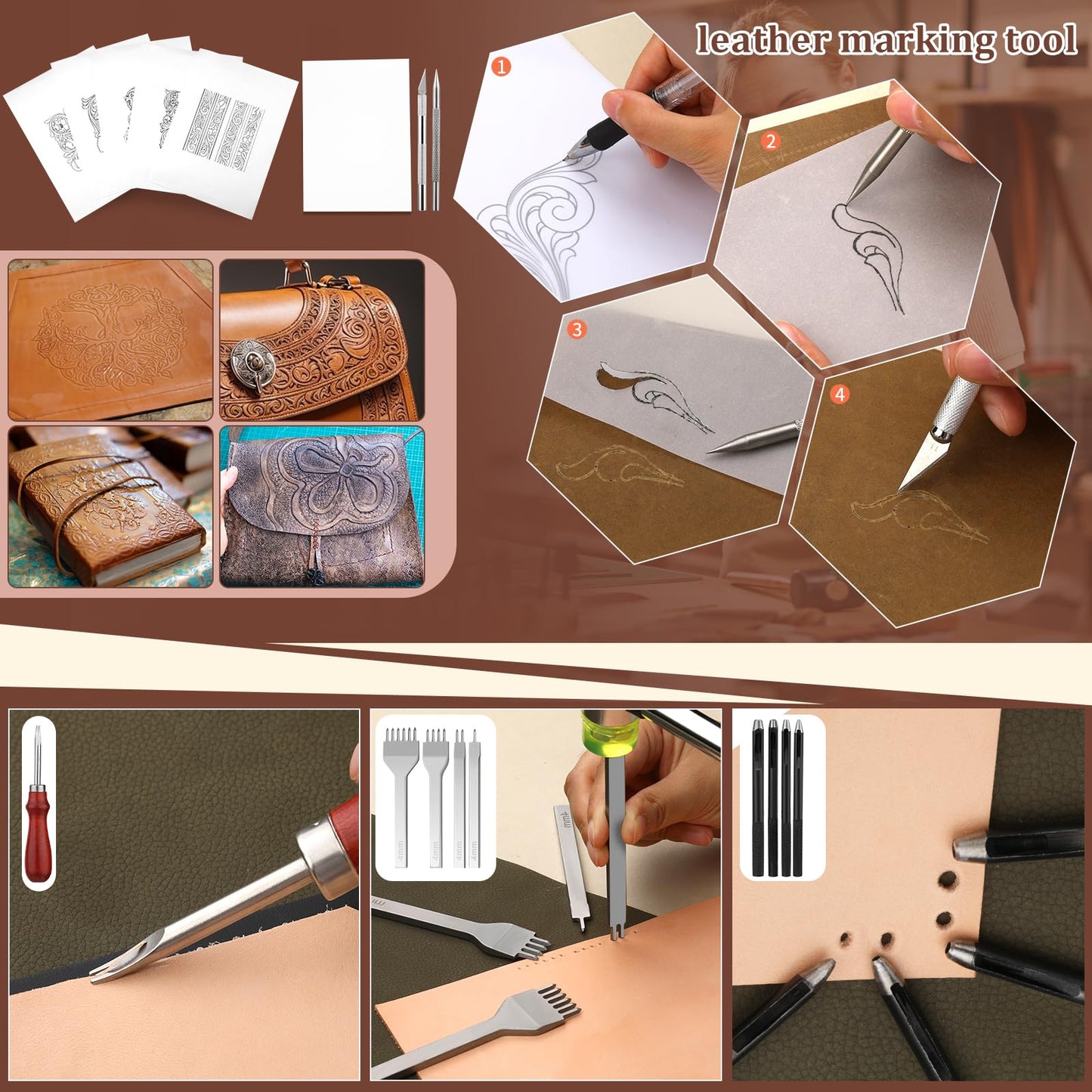 QMNNMA 102PCS Leather Working Tools Leather Crafting Kit with Custom Storage Bag, Stamping Tools for Sewing, Carving, Cutting, Punching, Stamping