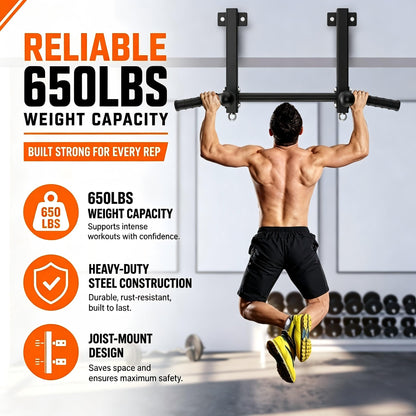 HWOOUSA Joist Mounted Pull Up Bar, 650lbs Heavy Duty Strength Training Pullup Bars, Multi-Grip Chin Up Bar for Home Gym, Garage & Basement Ceiling Beam Installation