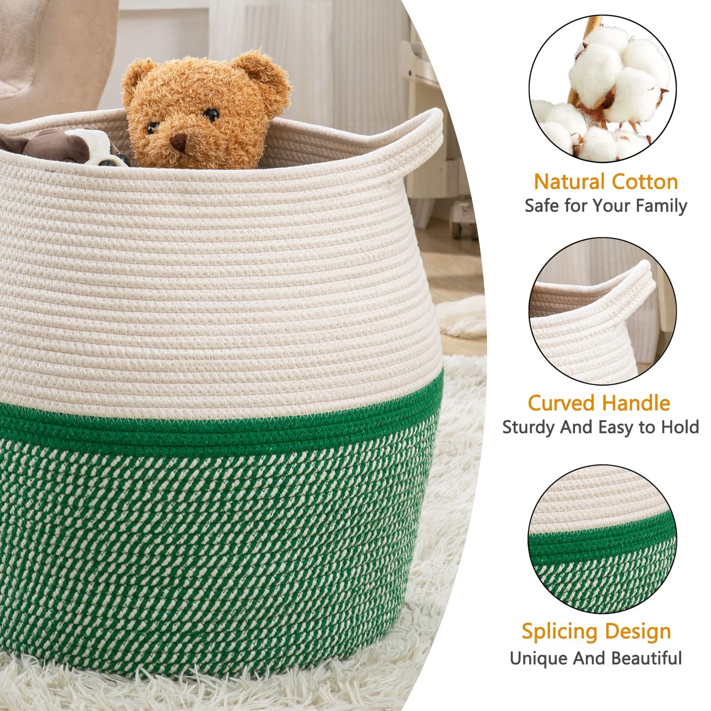 KAKAMAY Woven Baskets for Storage(17"x17"),Large Cotton Rope Woven Baby Laundry Hamper,Collapsible Laundry Basket, Blanket Basket for Organizing Living Room,Nursery,Pillows,Toy Chest(Green)