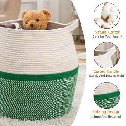 KAKAMAY Woven Baskets for Storage(17"x17"),Large Cotton Rope Woven Baby Laundry Hamper,Collapsible Laundry Basket, Blanket Basket for Organizing Living Room,Nursery,Pillows,Toy Chest(Green)
