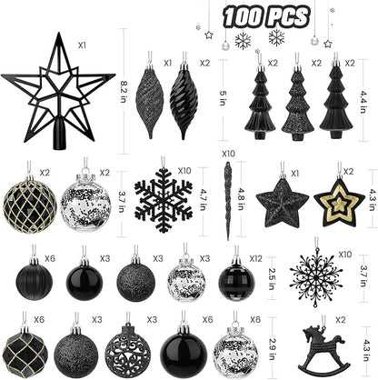 SHareconn 100pcs Christmas Tree Decorations Ornaments Set, Shatterproof Plastic Baubles Decorative Balls for Xmas Tree Decor Holiday Wedding Party, Black