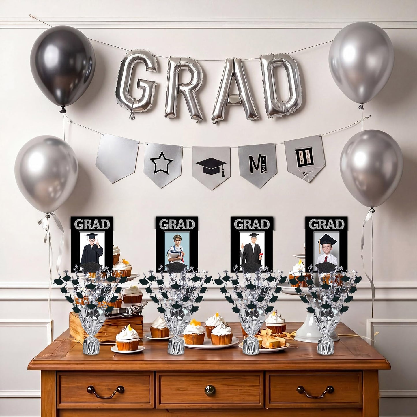 Capoda 6 Pack Graduation Table Centerpiece Party Decoration Metallic Foil Spray Centerpiece Glitter Star Tabletop Decor for 2026 Graduation Party Congrats Grad Decor Supplies (Photo,Black Silver)