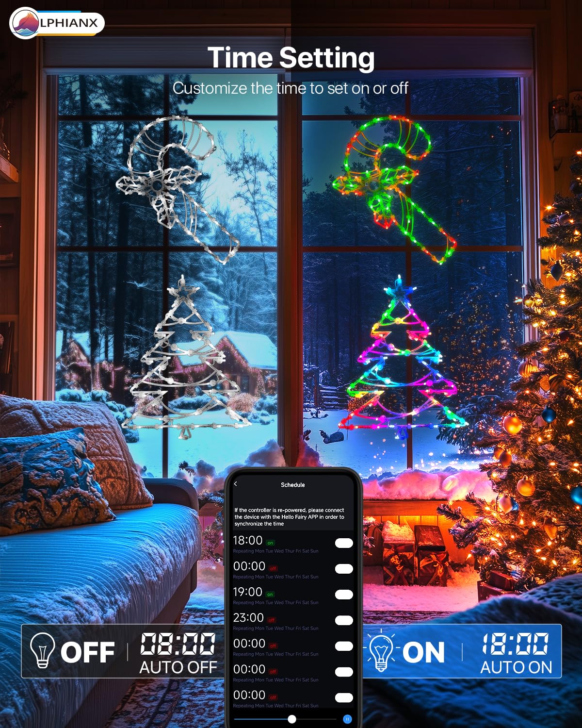 4 Pack Smart Christmas Window Lights, Christmas Window Silhouette Lights, Christmas decorations indoor,Custom & Preset Modes,APP Control Candy Cane,Christmas Tree,Bow,Christmas Stocking for Door Glass