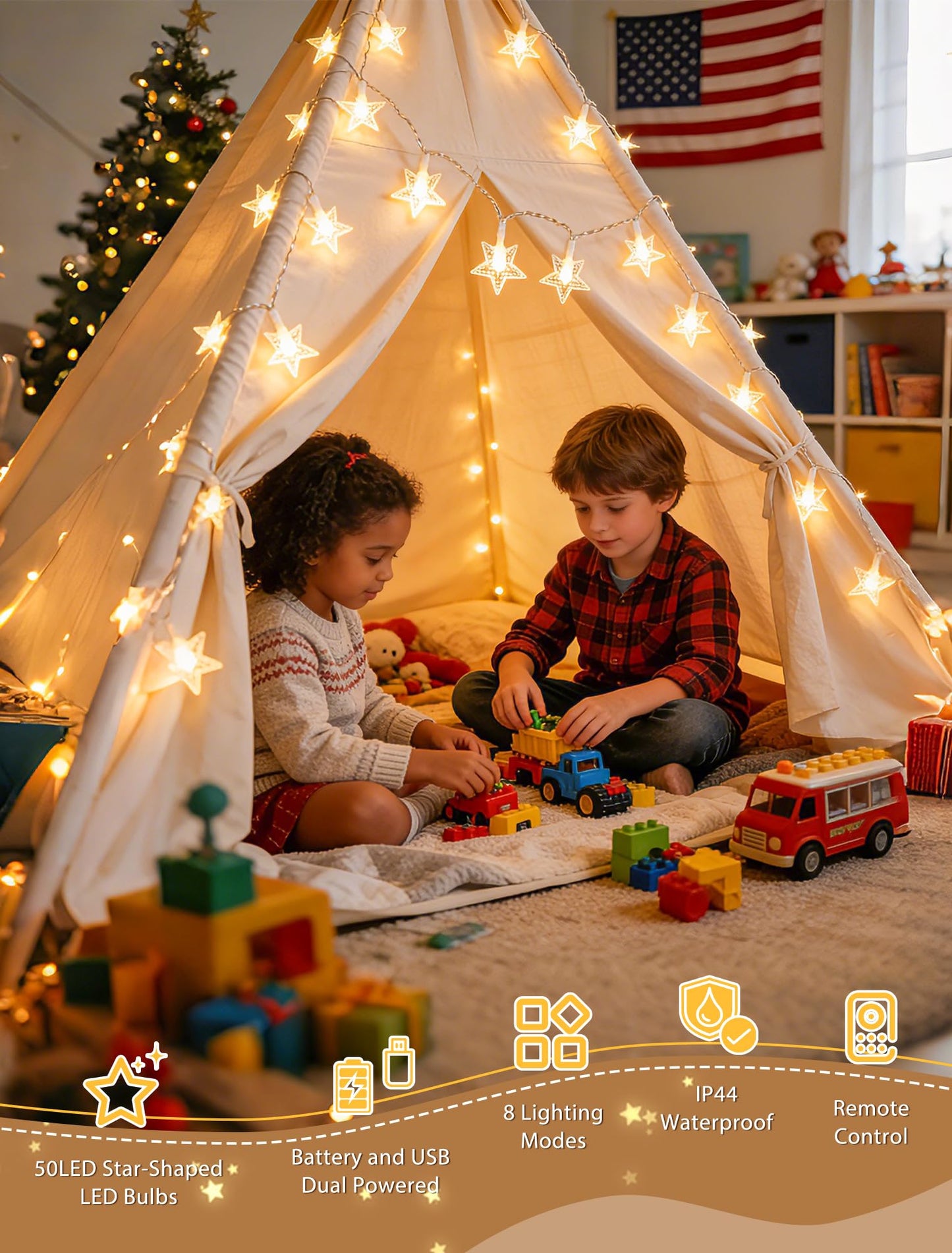 syosupviry Star String Lights Battery&USB Powered,19FT 50LED Star Fairy Lights with Remote, Hanging Star Lights for Home, Kids Tent, Bedroom,Porch, Classroom, Christmas,Party,Room Decor,Warm White