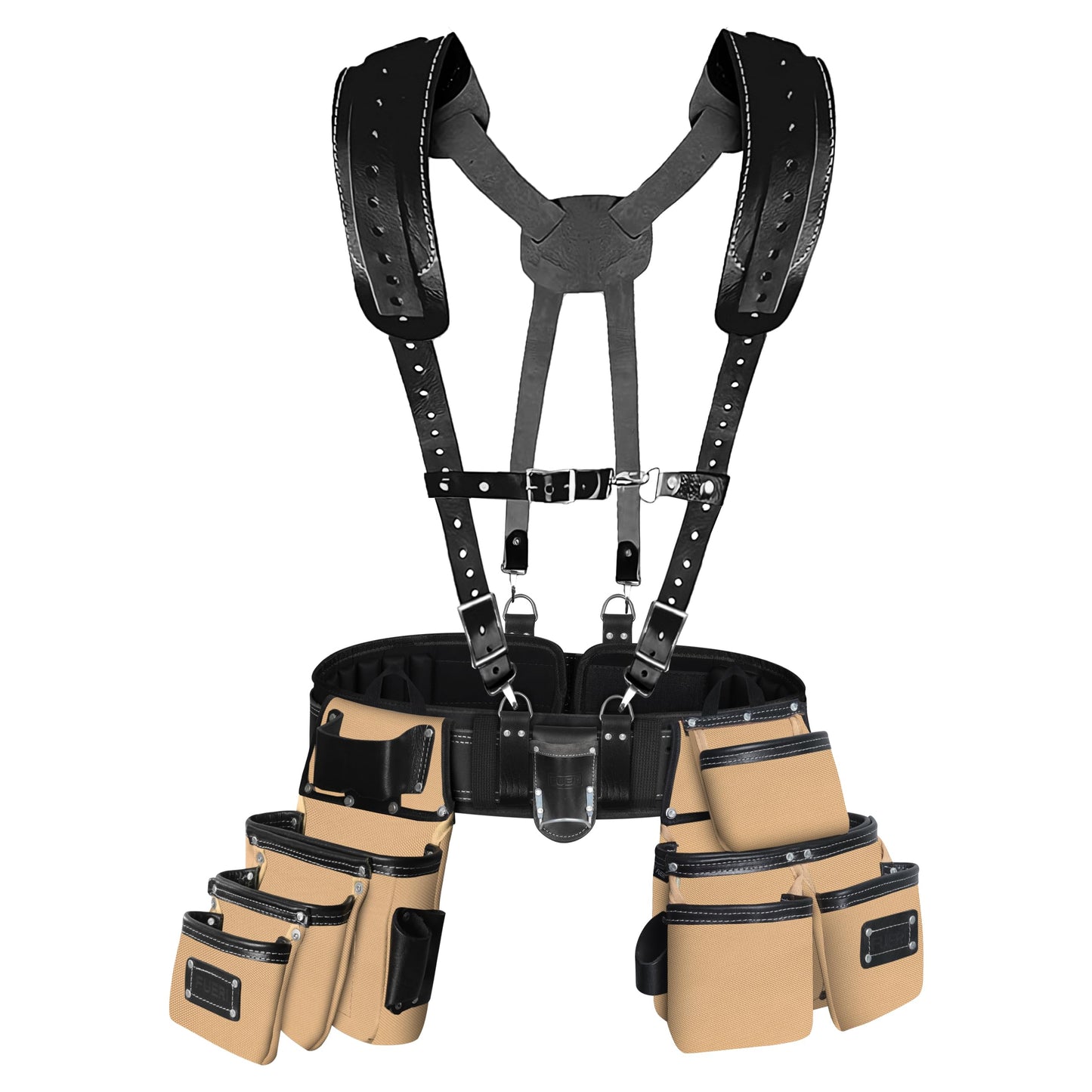 FUERI Electrician's Heavy Duty 26 Pocket Leather-Nylon Tool Belt & Suspender Combo, Comfort Back Support Padded Belt, 2 Large Storage Capacity Pouches, Best for Framers, Carpenter, Roofing