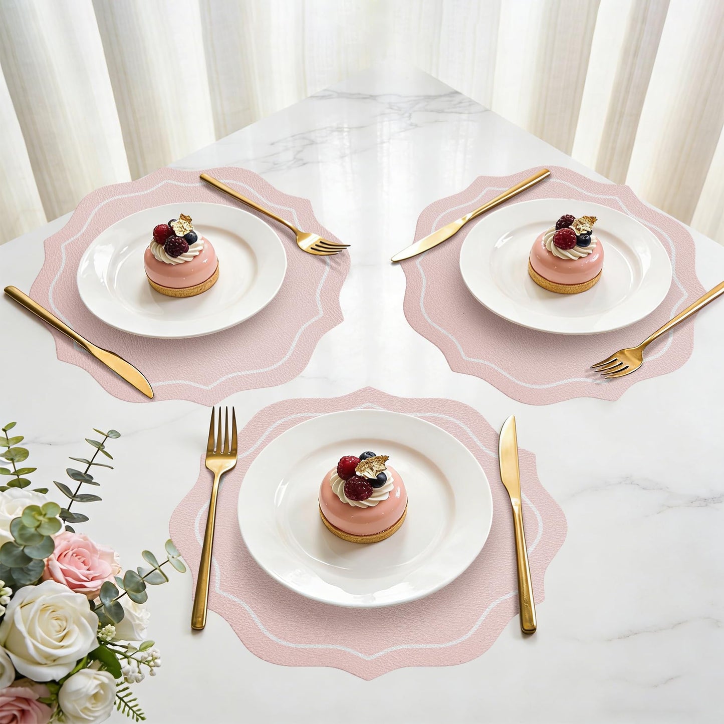 Set of 4 Spring Round Vinyl Placemats with Coasters 12" Scalloped Pink Faux Leather Placemats Waterproof Placemat Wipeable Heat Resistant for 7-10" Plates for Wedding Party Dining Table Decor