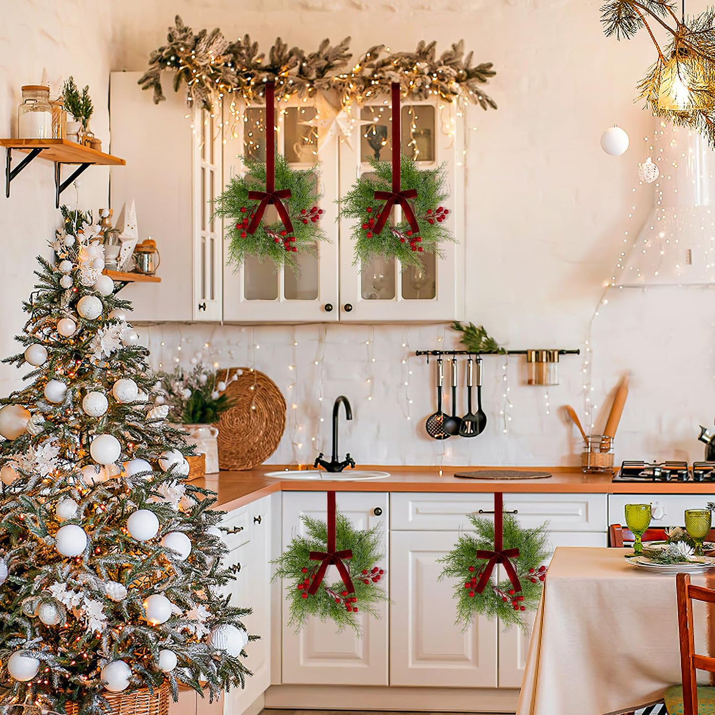 8Pcs Small Christmas Wreaths for Kitchen Cabinets - 9 Inch Mini Wreaths for Cabinets with Berry and Ribbon, Artificial Farmhouse Wreath Hanging Wreaths for Fireplace Front Door Chair Window Porch Wall