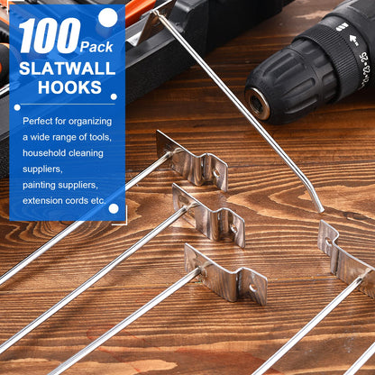 Moxweyeni 100 Pack Slatwall Hooks, 6 and 8 Inch Slatwall Accessories, Metal Panel Wall Hooks Pegs Hanging Hangers Thickness Slat Pegs for Garage Shop Retail Display(Silver)