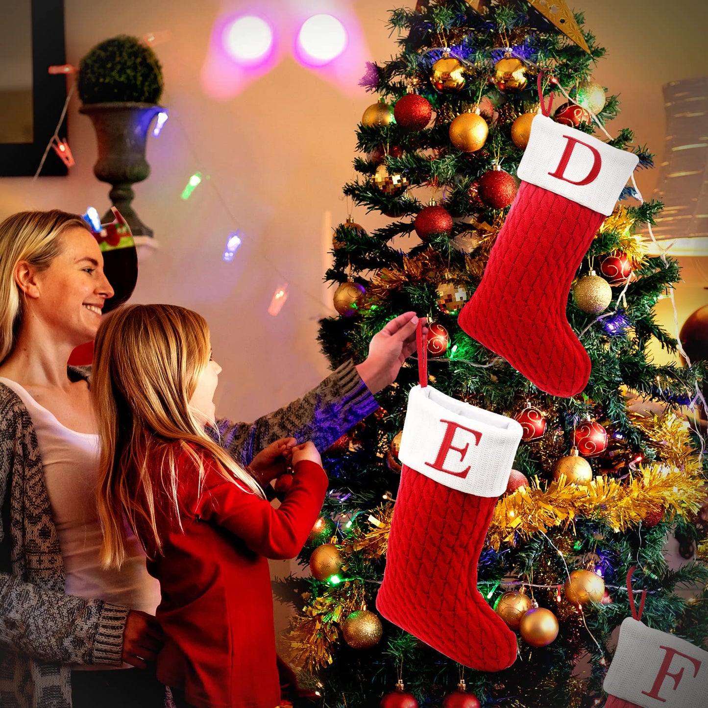 ZOEA 20 Inches Christmas Stockings with Initials, Large Embroidered Letter Knit Christmas Stocking for Family Holiday Decorations and Xmas Gift (E, Red)