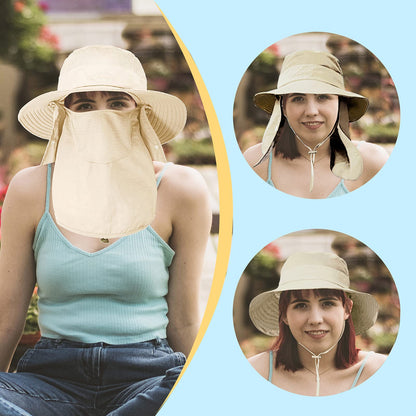 Fishing Hat for Men & Women, Outdoor UV Sun Protection Wide Brim Hat with Face Cover & Neck Flap (Beige)