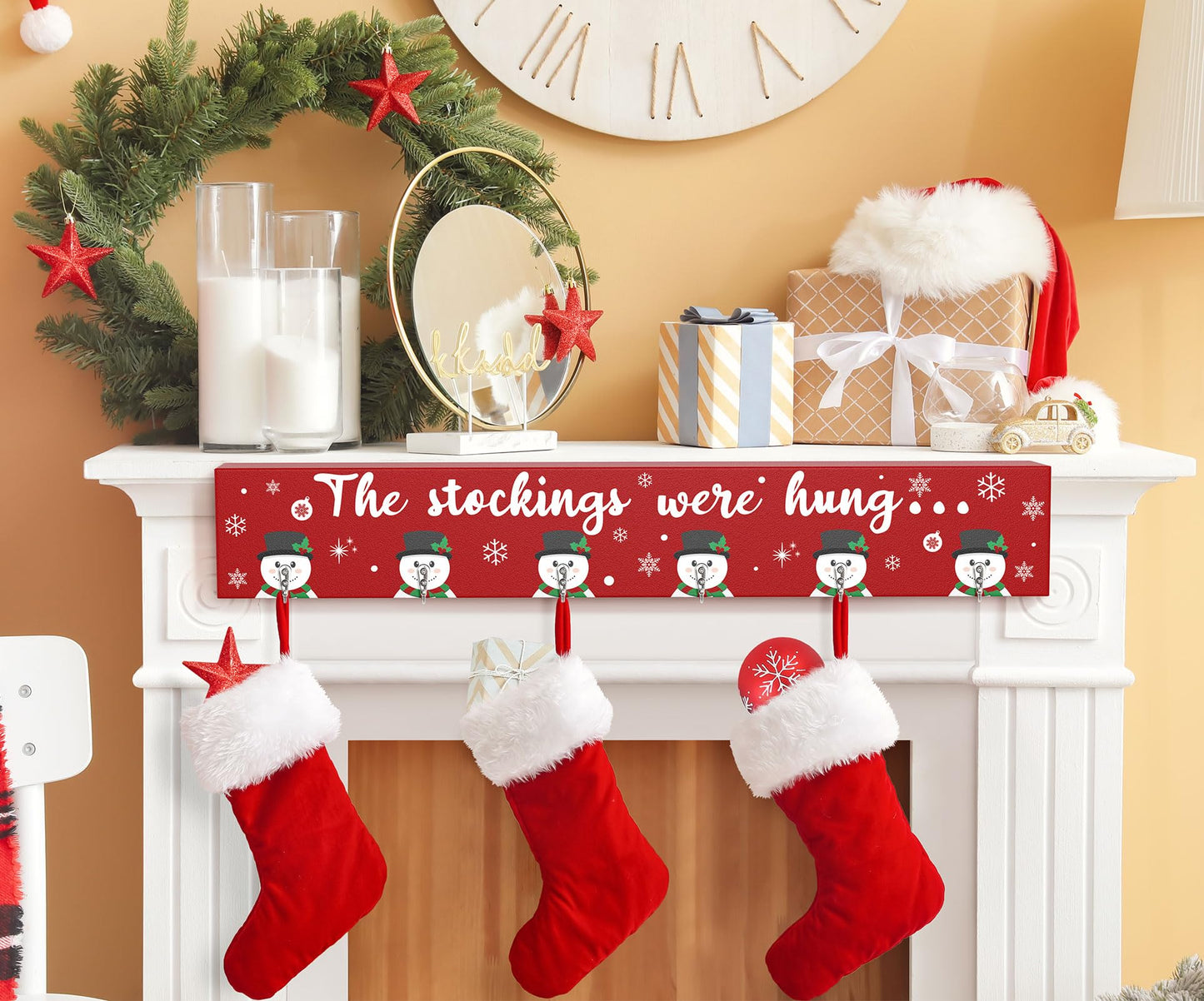 Christmas Stocking Holder Mantle Christmas Stocking Hangers for Mantel Fireplace Wall Hanging Sign with 6 Hangers Collapsible And the Stockings Were Hung Christmas Stocking Hooks Xmas Decor 28.4 Inch