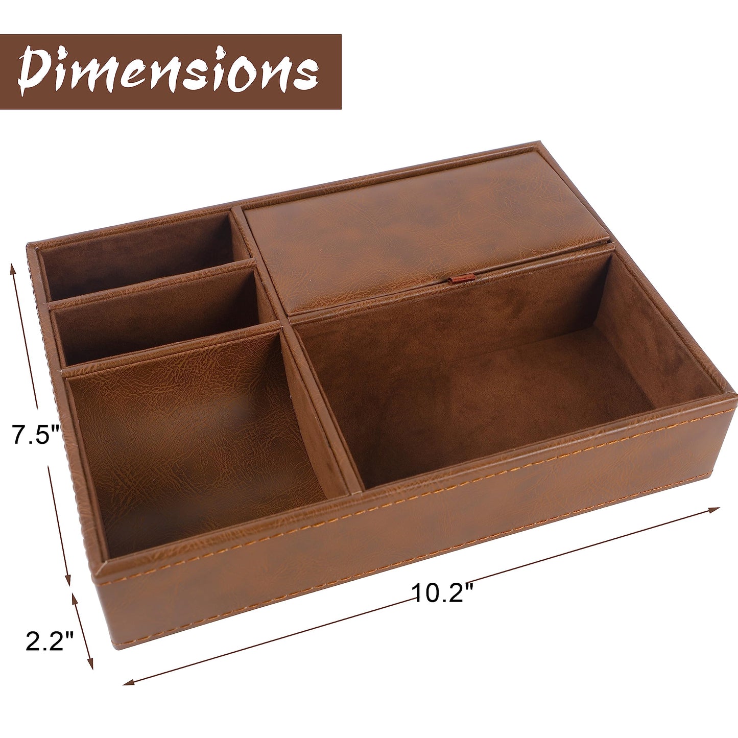 Zcaukya Men's Valet Tray, Jewelry Box Nightstand Organizer with 5 Compartments for Phone Keys Wallet Watch Glasses, Faux Leather Dresser Entryway Catchall Holder for Father's Day Gift (Brown)