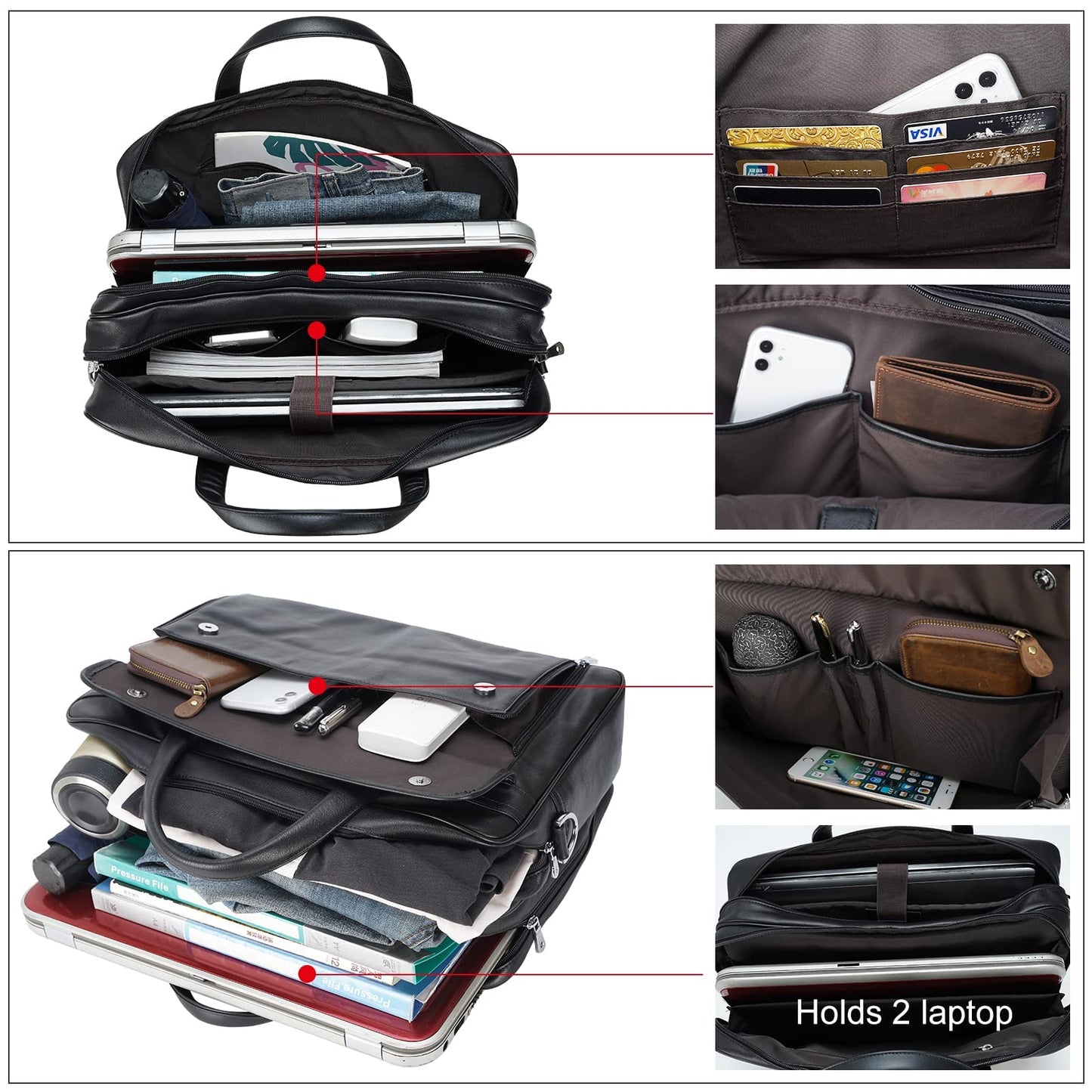 Masa Kawa Black Leather Briefcase for Men 17 Inch Laptop Computer Case Business Travel Work Messenger Cross Body Shoulder Bag