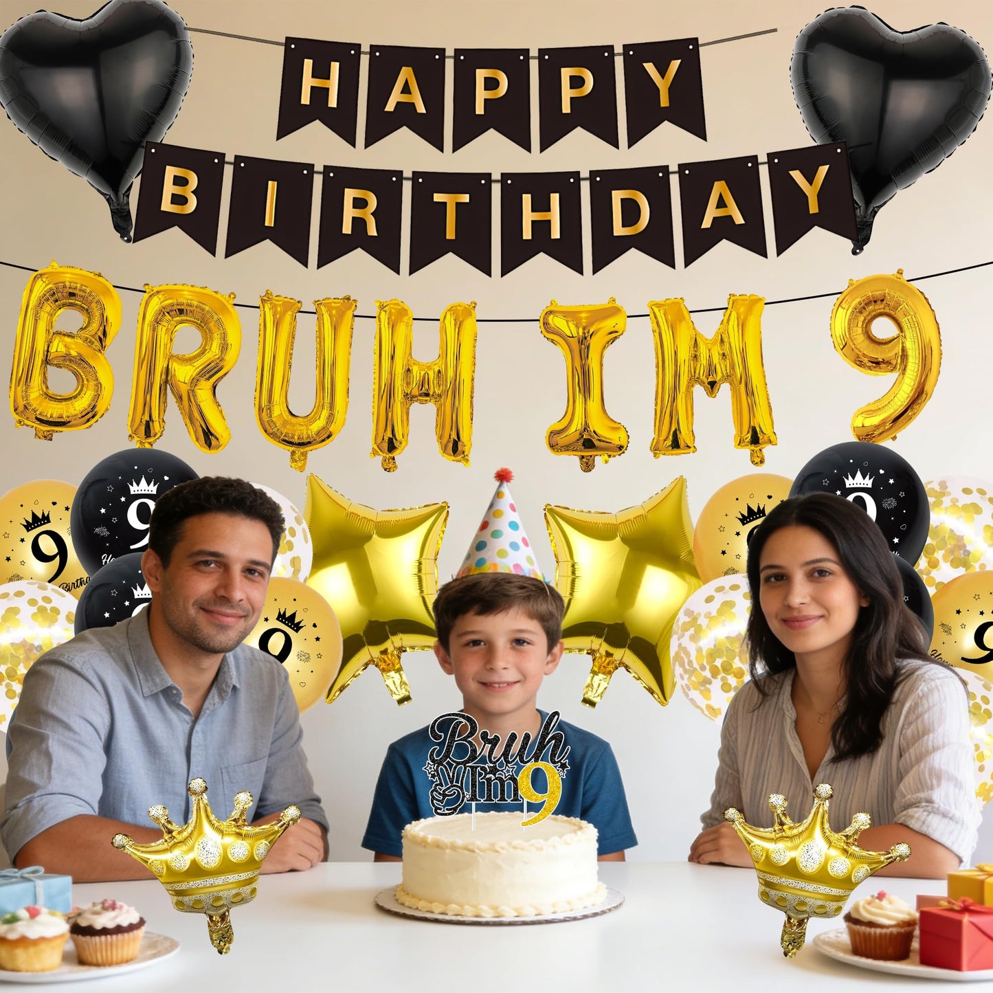 9th Birthday Decorations Balloons Boys - 33 Pcs Black Gold Happy Bday Banner Bruh Im 9 Letter Number Star Crown Foil Balloon Cake Topper Centerpieces Party Supplies for Nine Year Old Backdrop Decor