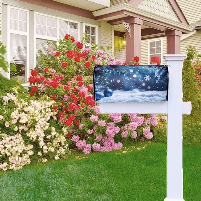 Festive Magnetic Mailbox Cover Winter Christmas Blue Ball Pattern Outdoor Mailbox Protector Holiday Seasonal Decorative Garden Yard Home Large Size 25.5 x 21 Inch