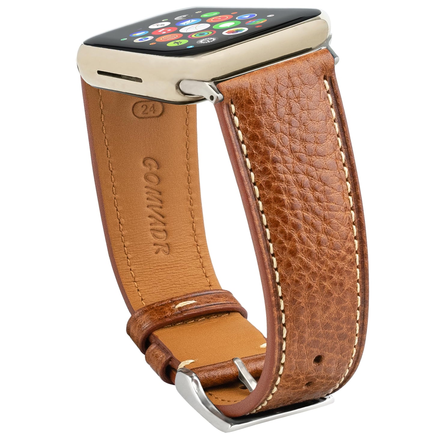 GOMVADR Top Grain Leather Band Compatible with Apple Watch, Tan Brown with Silver Buckle, Genuine Leather Strap for iWatch Series 9/8/7/6/5/4/3/2/1/SE/Ultra, 44/45/49mm (Tan Brown with Silver Buckle, 44/45/46 （24mm/Men's Size）)