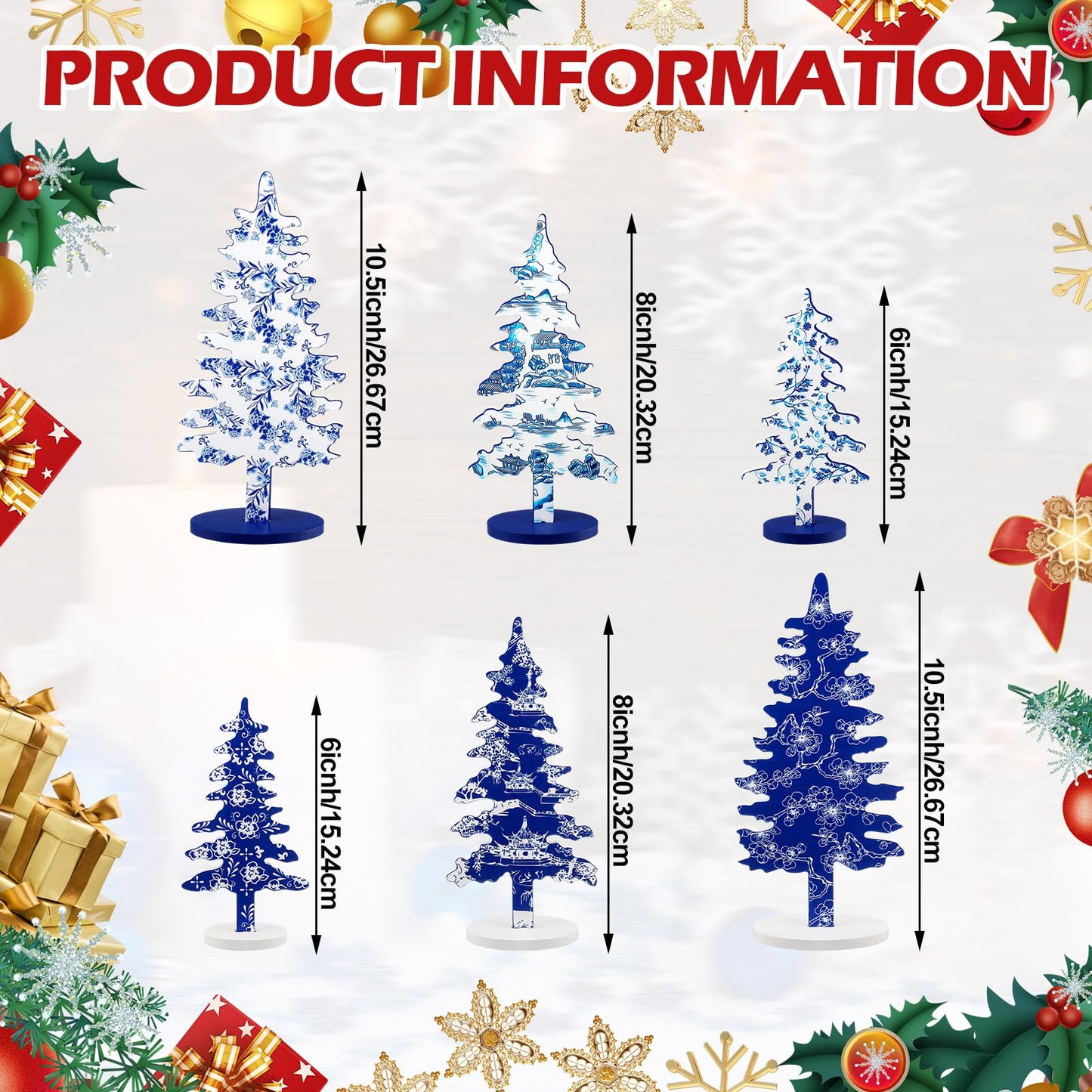 Kigley 6 Pcs Porcelain Christmas Tree Sign Table Decor 6" 8" 10.5" Blue White Xmas Tree Tabletop Christmas Tiered Tray Centerpieces Xmas Gift for Home Mantel Shelf Office Party Windowsill Decoration
