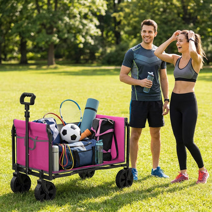 Holacamking Portable Collapsible Wagon Cart, Foldable Cart with Removable Side, Utility Groceries Wagon for Dogs Cats Camping Beach Shopping Sports Gardeing Fishing, Pink
