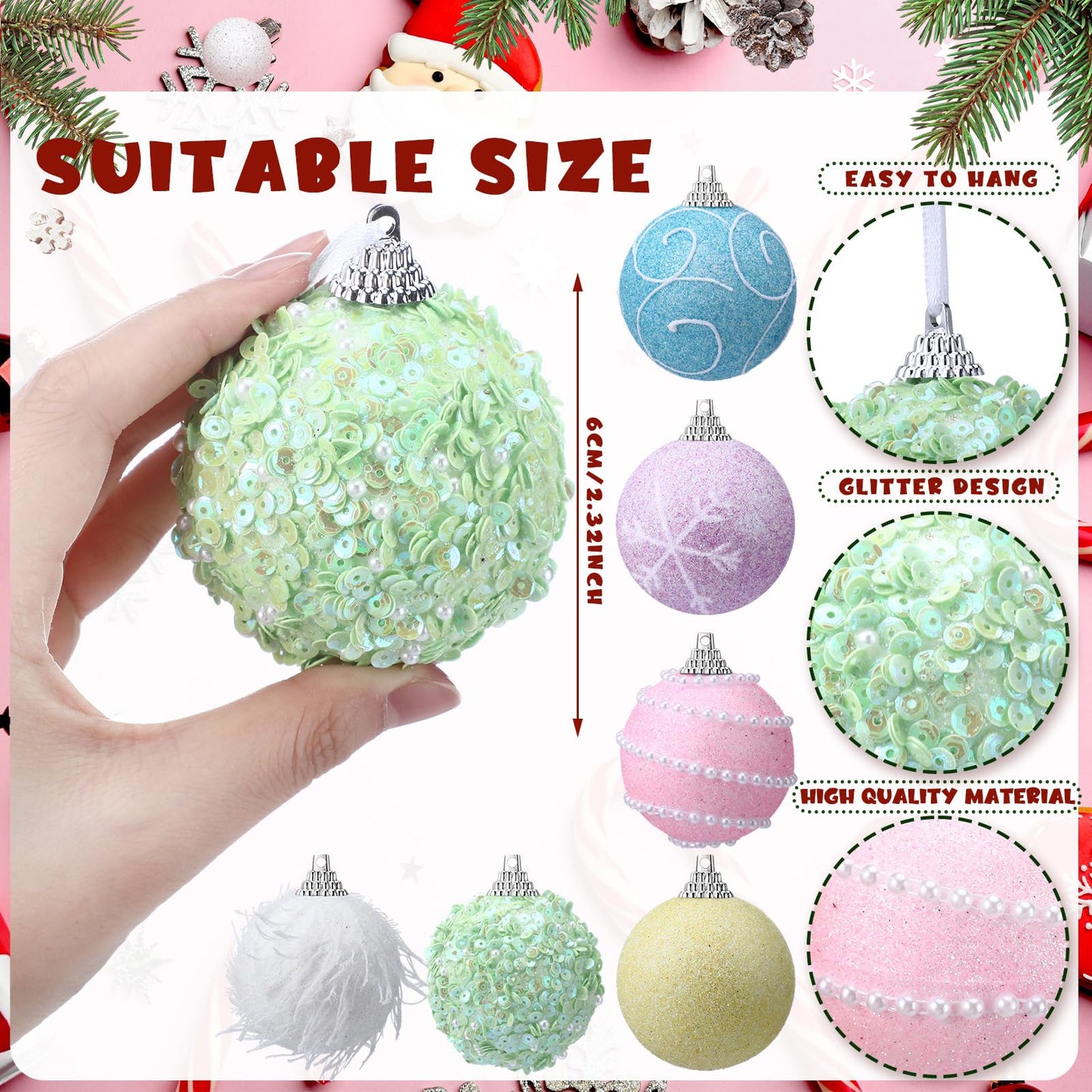 Syhood 12 Pcs 2.4 Inch Pastel Winter Tree Ornament Pink Yellow Blue Shatterproof Xmas Ornament Glitter Foam Winter Balls Tree Decoration for Home Xmas Holiday Candyland Party Centerpiece