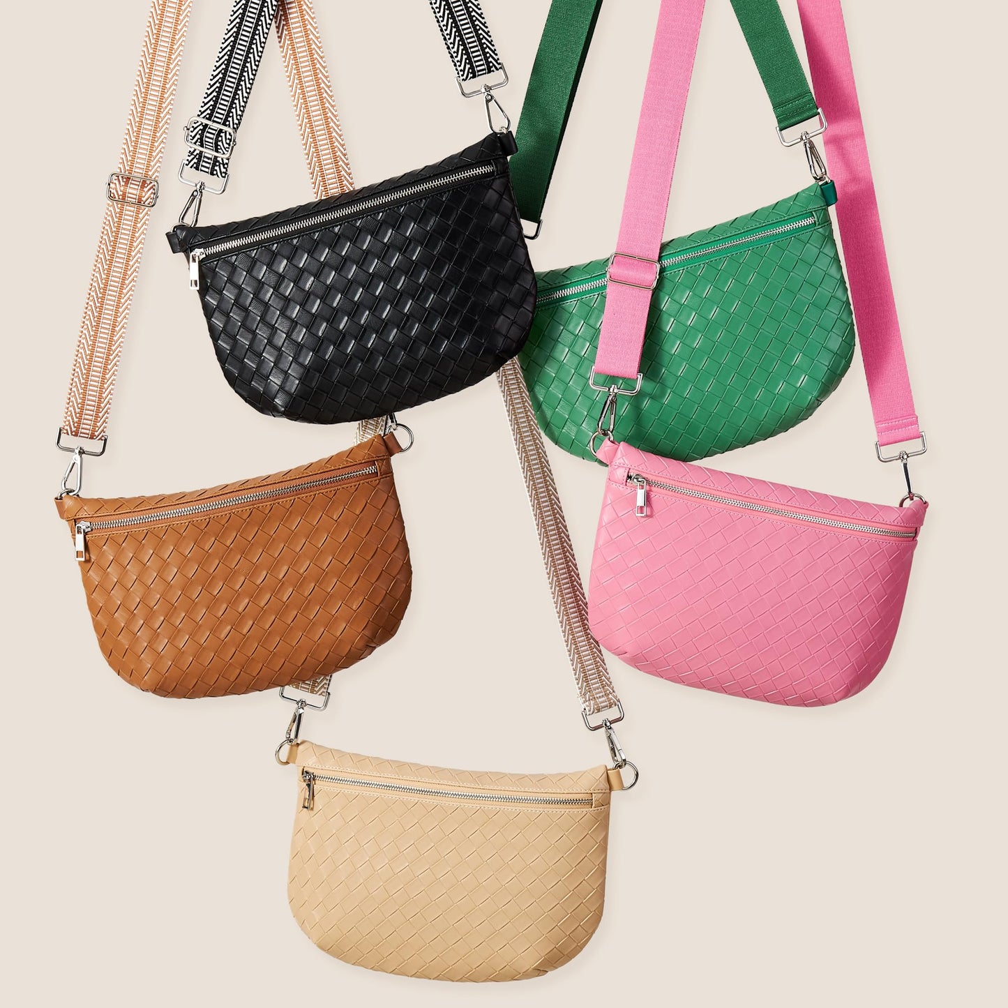 KALIDI Woven Crossbody Bags for Women Travel Vegan Leather Fanny Packs for Woman Cross Body Purse Fashion Belt Bum Bag with Wide Strap