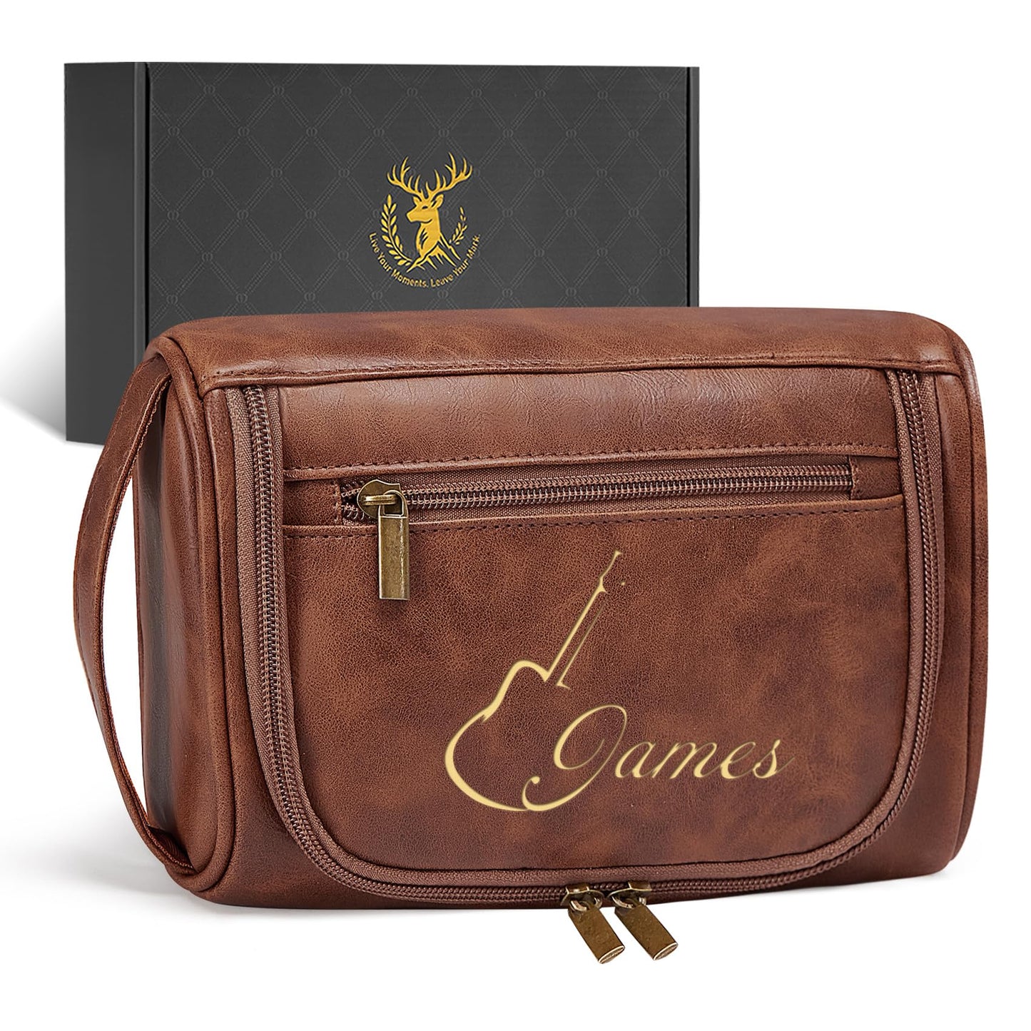 Aganmi Personalized Gifts for Men Toiletry Bag, Custom Waterproof Travel Toiletry Bag with Laser Engraved Name, PU Leather Dopp Kit for Groomsmen Fathers Day Birthday Gifts Reddish Brown