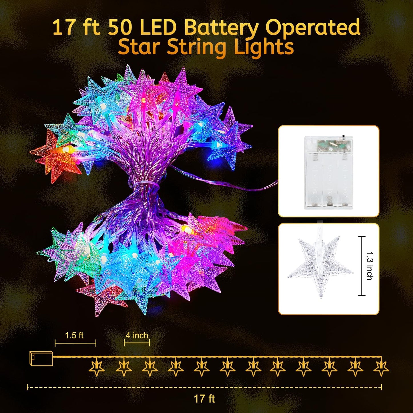 Minetom Star String Lights Battery Operated - 17 ft 50 LED Color Changing Star Fairy Light with Remote and Timer, 16 Single Colors and 7 Modes Starry Lights for Bedroom Dorm Tent Bed Patio Christmas