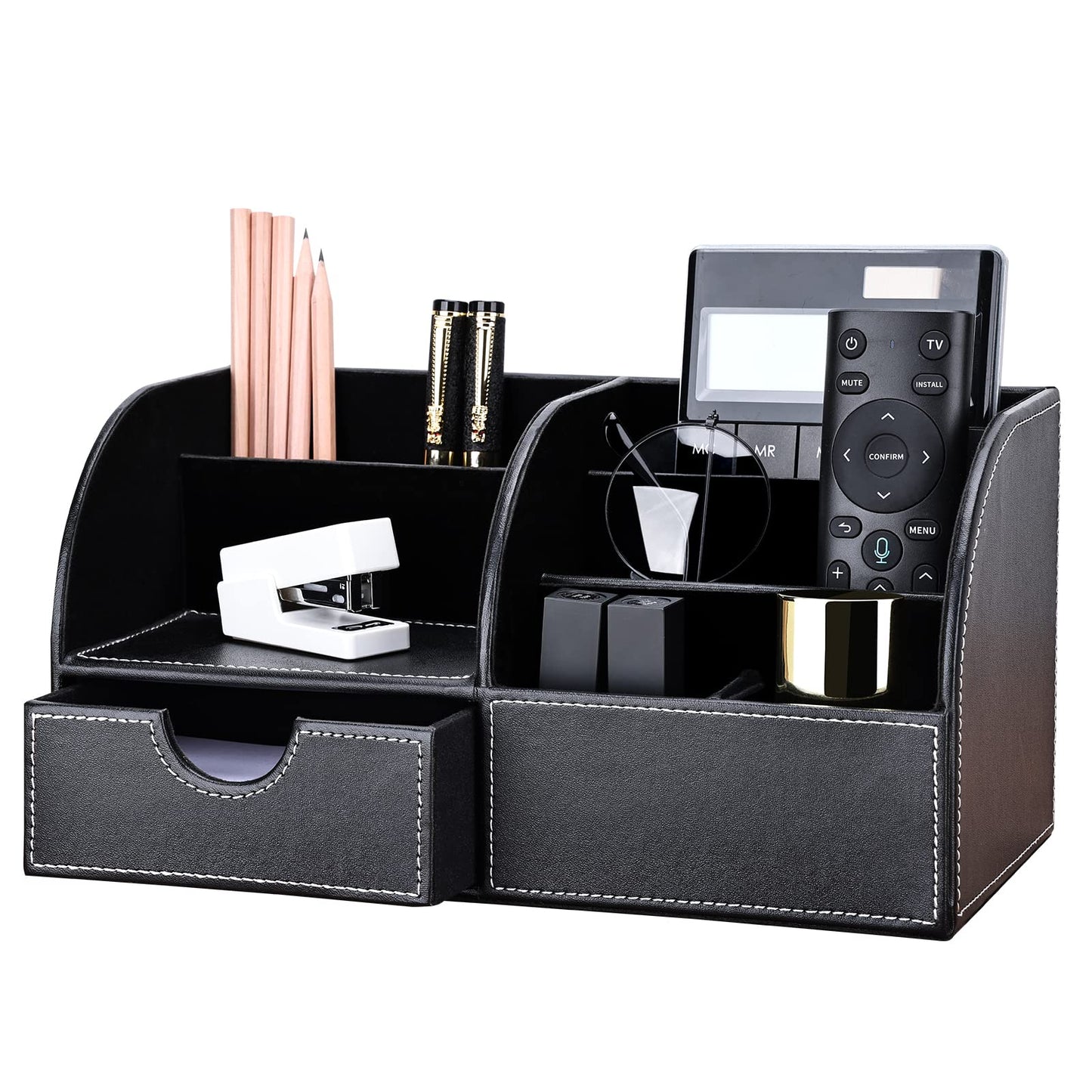 KINGFOM Pu Leather Desk Organizer Pen Pencil Holder Office Supplies Caddy Storage Box 6 Compartments with Drawer Black