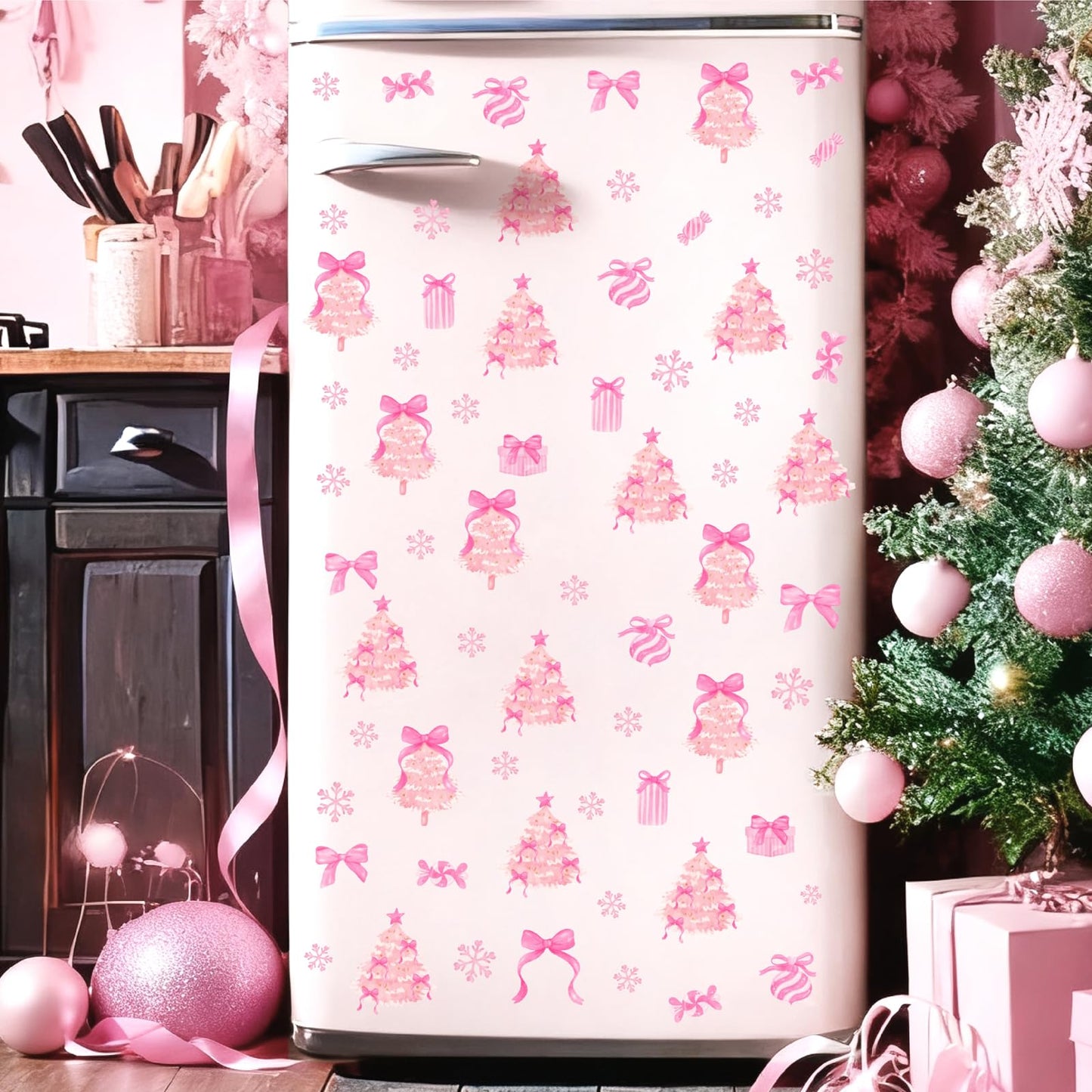 Pink Christmas Wall Stickers Xmas Tree Wall Decals Peel and Stick Bow Sticker for Walls Decoration Indoor Bowtie Decals for Crafts Snowflakes Coquette Art Murals for Girls Bedroom Living Room Decor