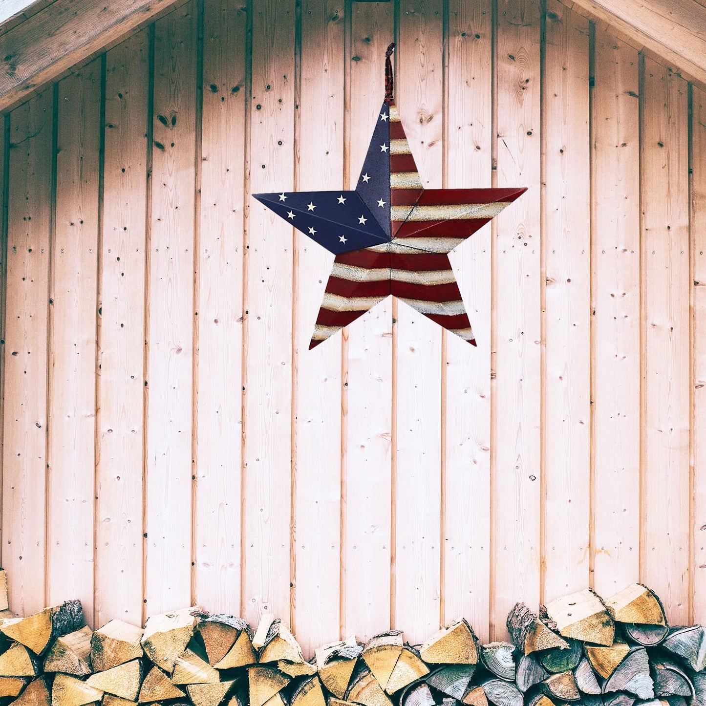 Rainbow Handcrafts Rustic Metal 3D Barn Star Patriotic Wall Decoration American Flag Wall Star July 4th Country Americana Patriotic Wall Ornament, Fourth of July Outdoor Wreath Decoration