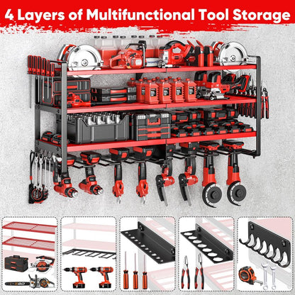 POKIPO Upgrade Large power tool organizer Wall Mount,4 Layers Heavy Duty Metal Loads 400lbs Power Tool Hanger Shelf Battery Storage with 8 Cordless Drill Bit Holder,Utility Racks for Garage Tool Room