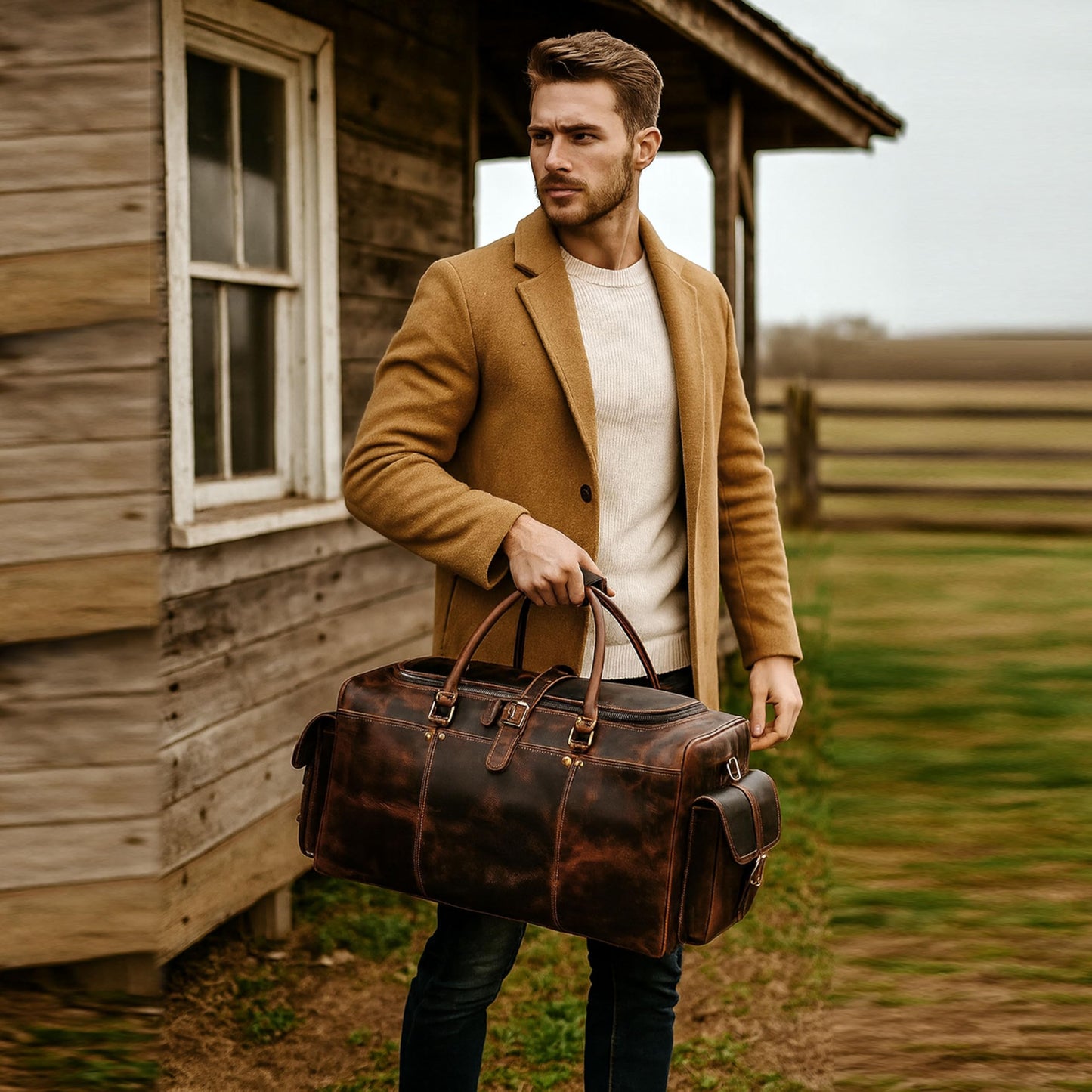 Cuero Full Grain Leather Duffle Bag for Men, Buffalo Overnight Weekend Travel Bag, Carry On with Organized Pockets, YKK Zippers, Adjustable Strap (Choclate Brown)