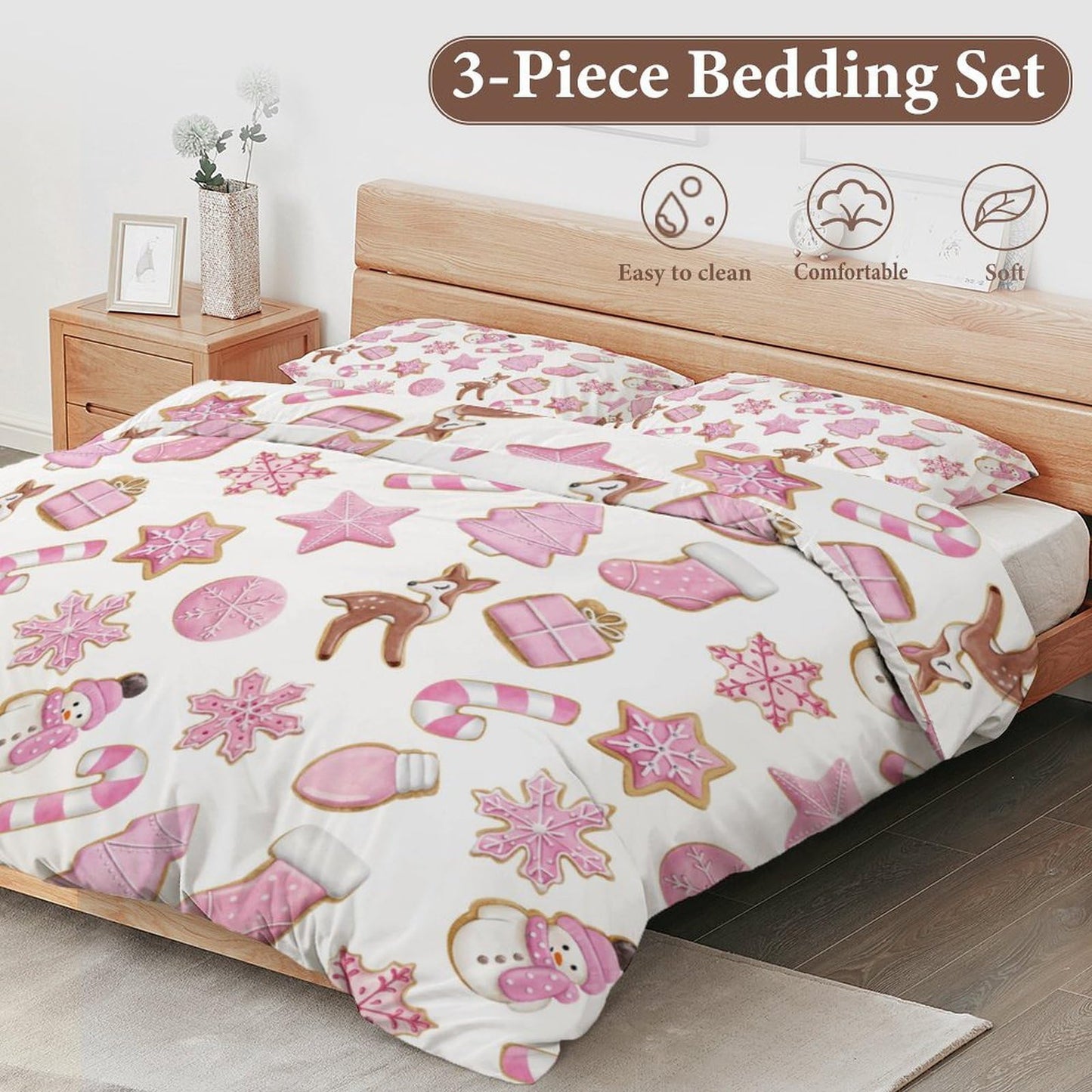 Delerain Comforter Cover Set Queen Size, Pink Christmas Gingerbread Cookies 3-Piece Bedding Set for Women Men Modern Soft Microfiber Bedroom Set Room Decor, 1 Duvet Cover + 2 Pillowcases