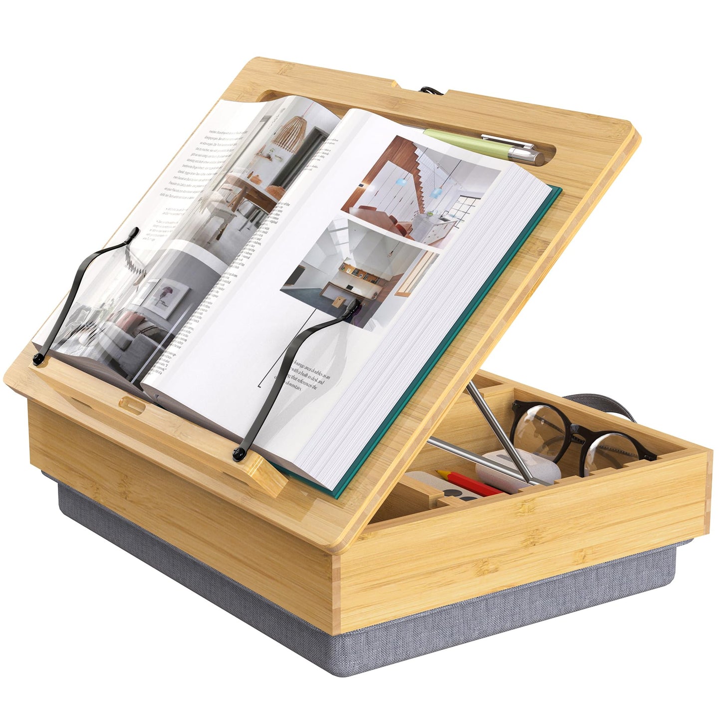 AboveTEK Book Stand for Reading with Storage, Adjustable Bamboo Book Holder with Soft Lap Cushion, Cookbook Stand, Hands-Free Book Reading Stand for Bed, Desktop & Kitchen Counter