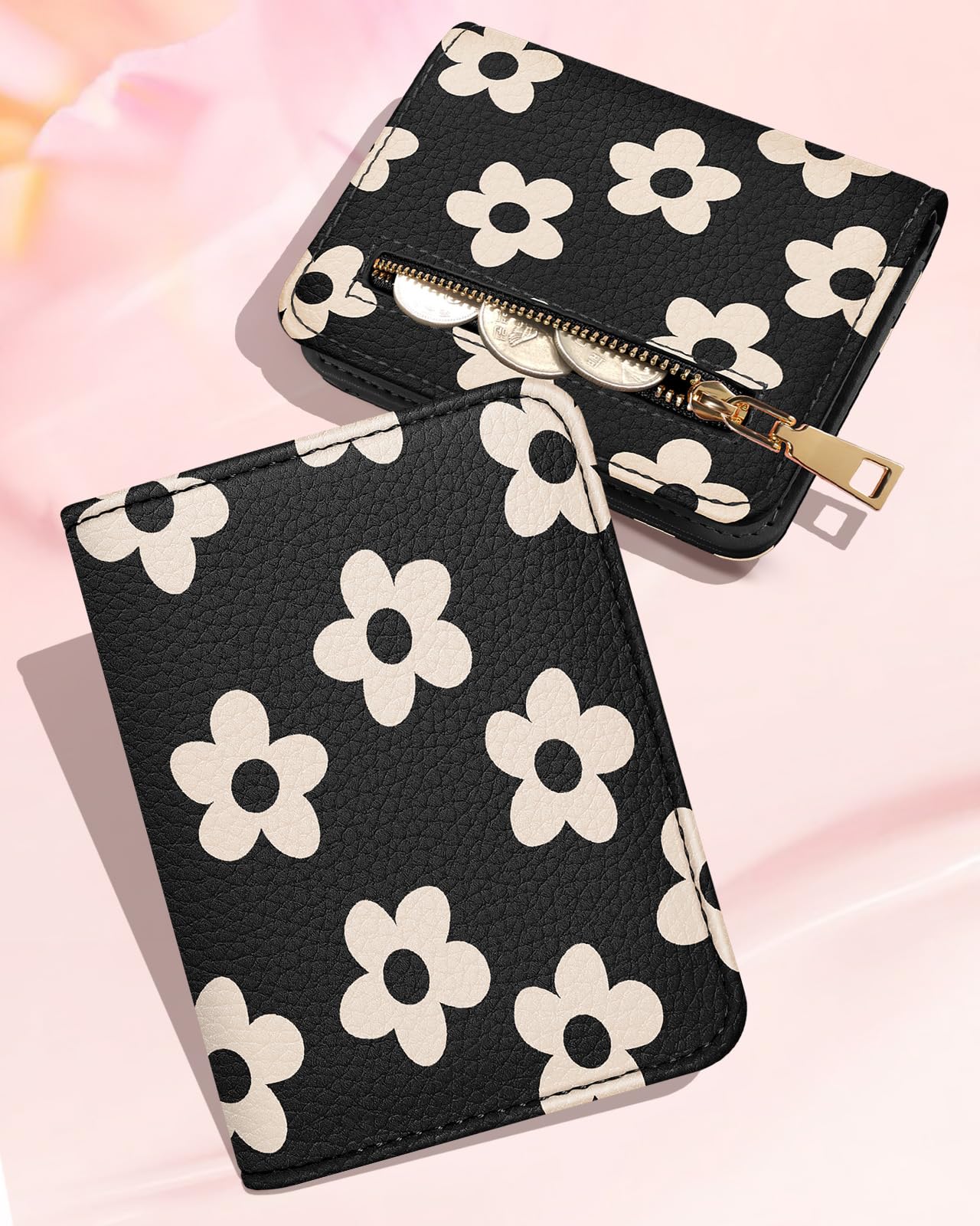 Bistup Credit Card Holder Wallet for Women - Cute Leather Ladies Teen Girls Female Cardholder Wallets Accordion Purse Small Medium Aesthetic Print Black Flower Unique Modern Rfid Zipper Around