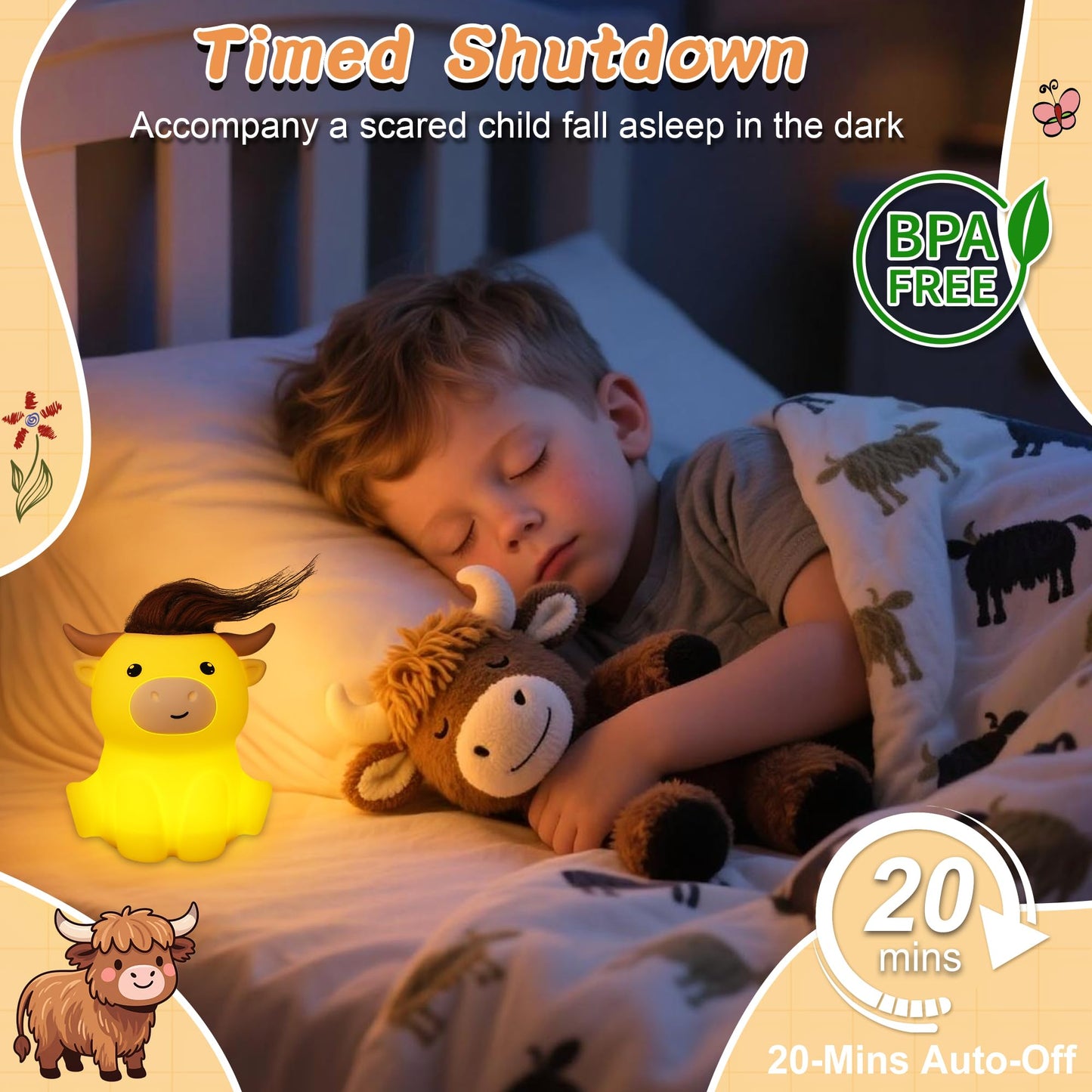 Okayera Highland Cow Night Light, Fluffy Cow Squishy Lamp for Kids, Soft Silicone Animal Nightlamp with 2 Levels Dimmable & 20 Mins Timer, Rechargeable LED Light Gifts for Baby Boys Girls