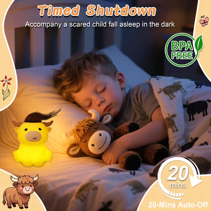 Okayera Highland Cow Night Light, Fluffy Cow Squishy Lamp for Kids, Soft Silicone Animal Nightlamp with 2 Levels Dimmable & 20 Mins Timer, Rechargeable LED Light Gifts for Baby Boys Girls