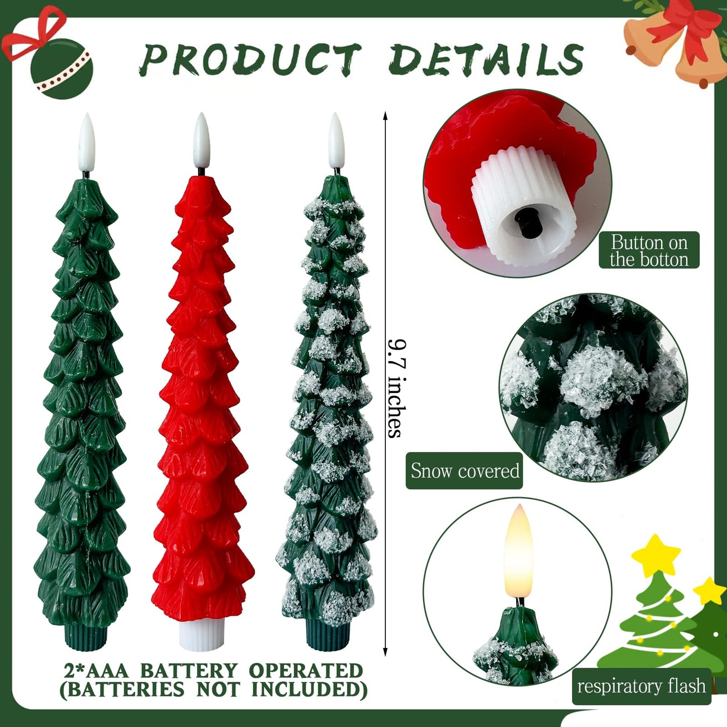 6 Pack Christmas Tree Taper Candles Flameless Taper Candles with Remote Timer Christmas Tree Candlesticks 3D Wick Flickering Battery Operated Candles for Christmas Holiday Home Party Decoration