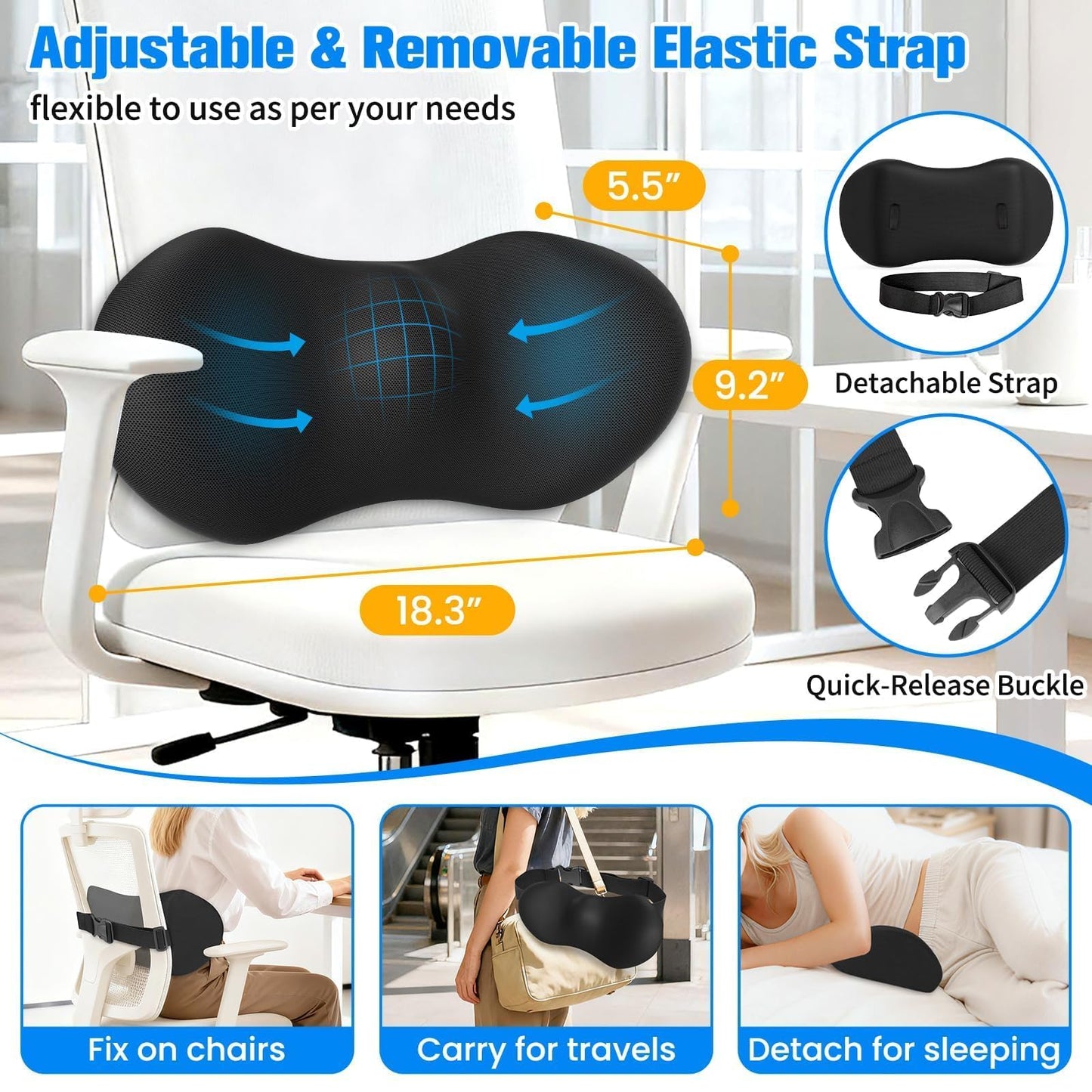 SweetSlubr Lumbar Support Pillow for Office Chair - Memory Foam Lumbar Pillow with Detachable Strap & Breathable Cover, Ergonomic Back Support for Office Chair, Car Seat Cushion, Bed Rest (Black)