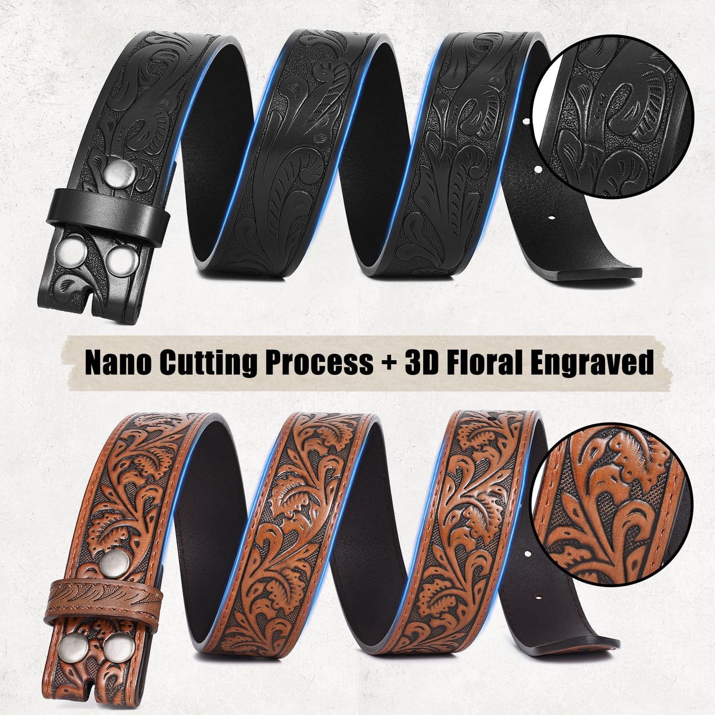 SANSTHS Western Belts for Men Women 2 Pack, Cowgirl Cowboy Belt Leather Straps with Buckle Set for Jeans, Bull Poker Black and Brown