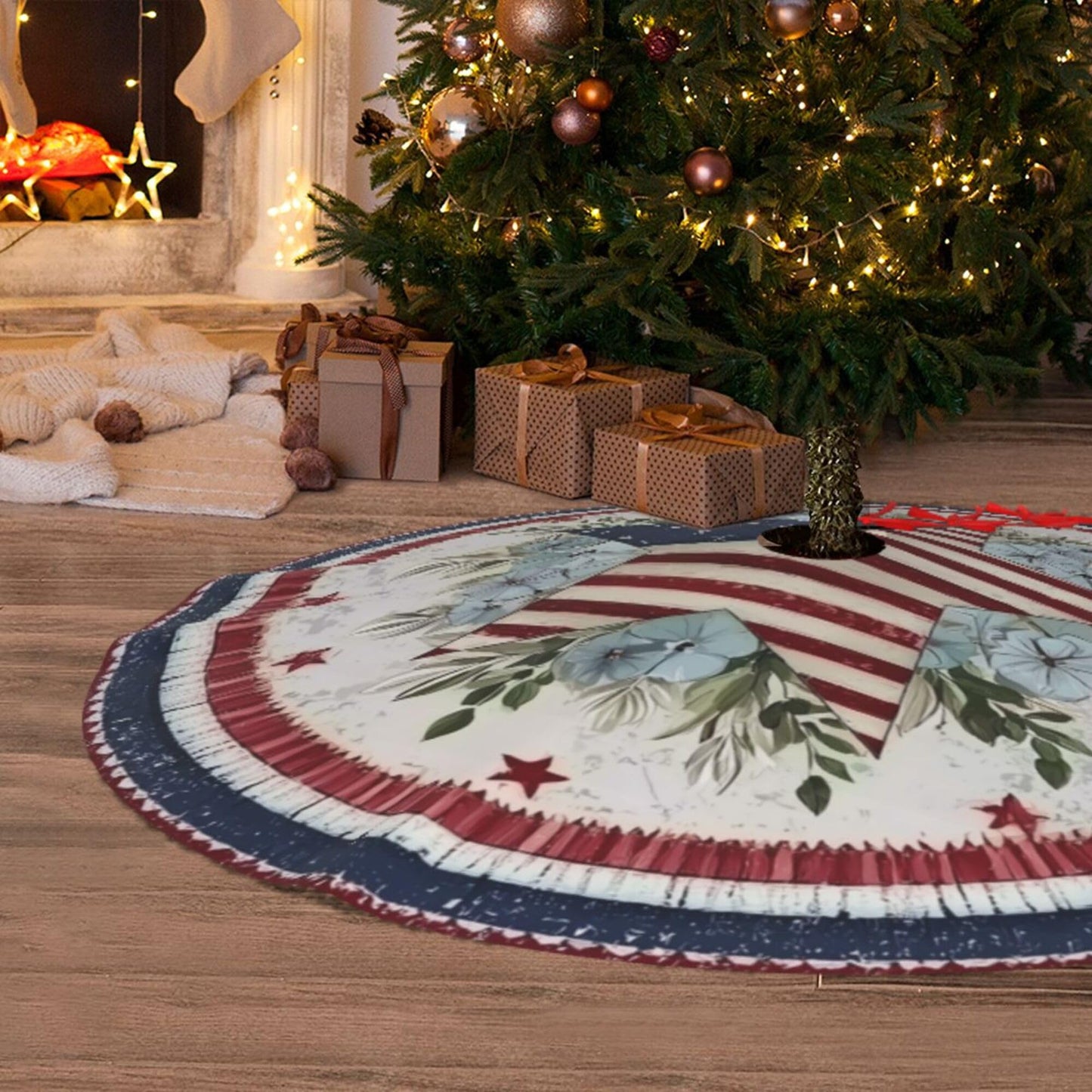 American Flag Stars Christmas Tree Skirt 36 Inch Xmas Tree Mat Party Decor Supplies for Holiday Home Decorations