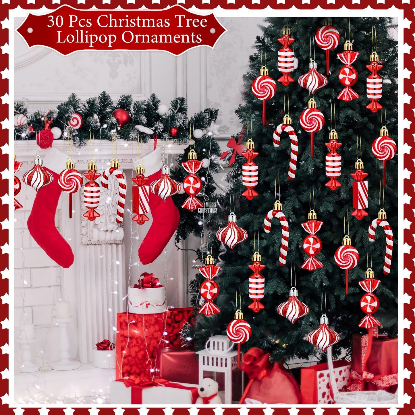 Realspring 30 Pcs Christmas Candy Ornaments Peppermint Candy Cane Christmas Decorations Plastic Lollipop Hanging Ornaments with Rope for Xmas Tree Party Holiday Supplies(Red White)